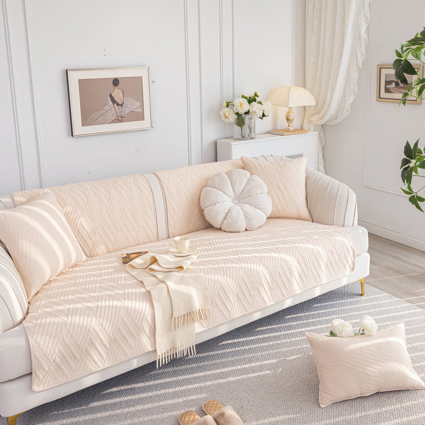 Quilted Geometric Cotton Sofa Cover, Non-Slip & Thick Padded Furniture Covers in cozy living room setting, enhancing decor