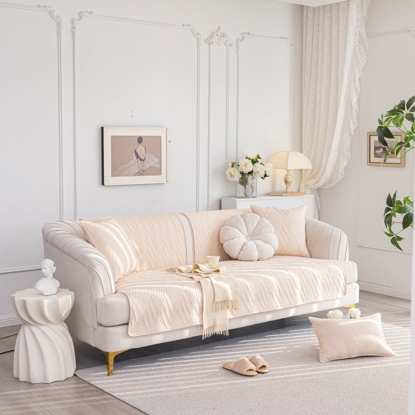 Quilted Geometric Cotton Sofa Cover, Non-Slip & Thick Padded Furniture Covers in an elegant living room setup.