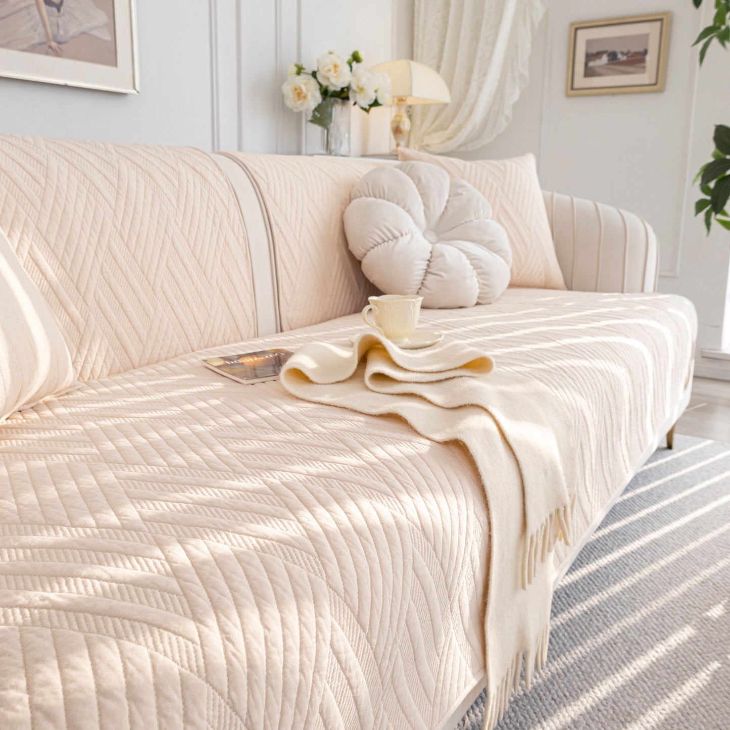 Quilted Geometric Cotton Sofa Cover, Non-Slip & Thick Padded Furniture Covers on a stylish sofa with decorative cushions and throw.