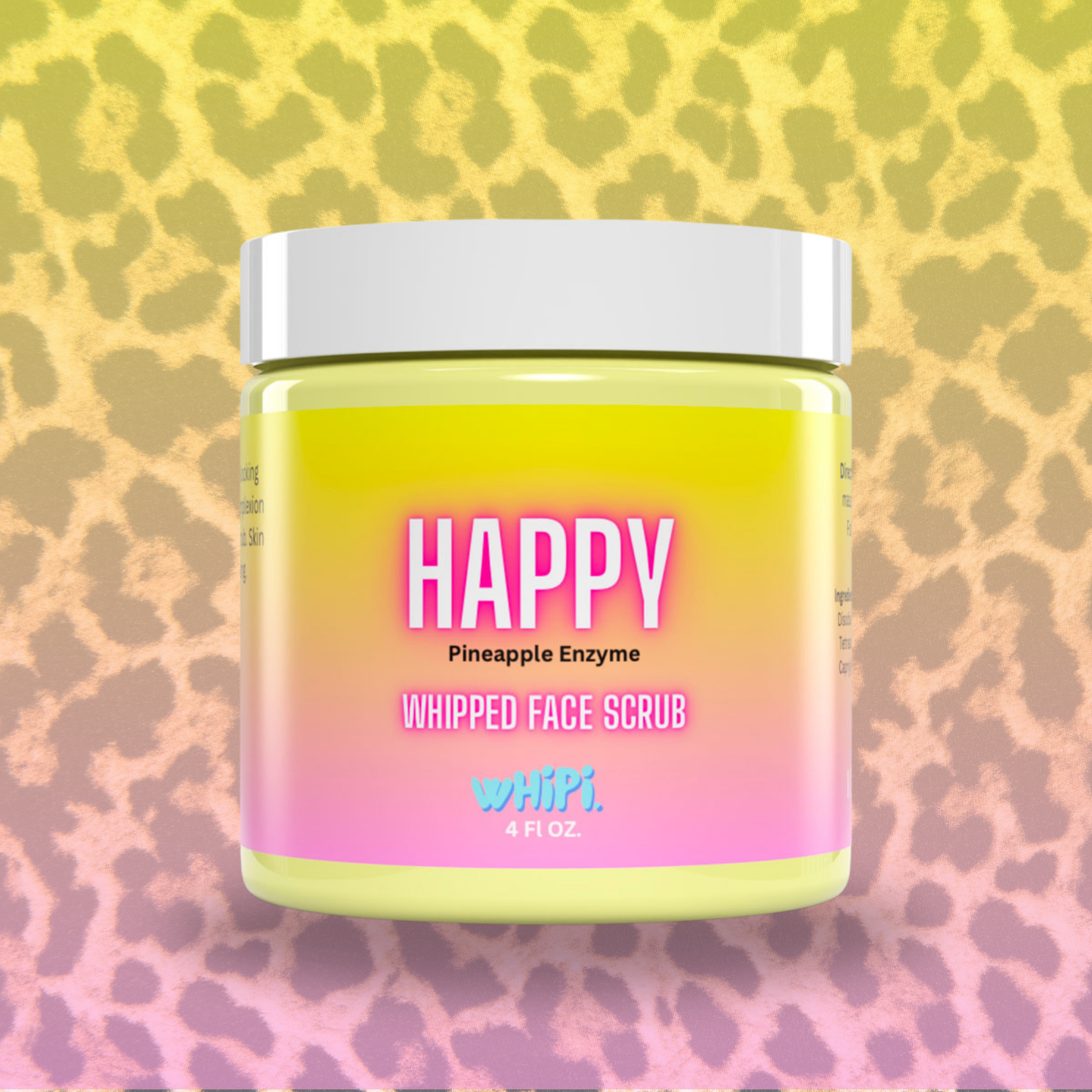 Happy Whipped Pineapple Face Scrub jar with vibrant packaging against a leopard print background.