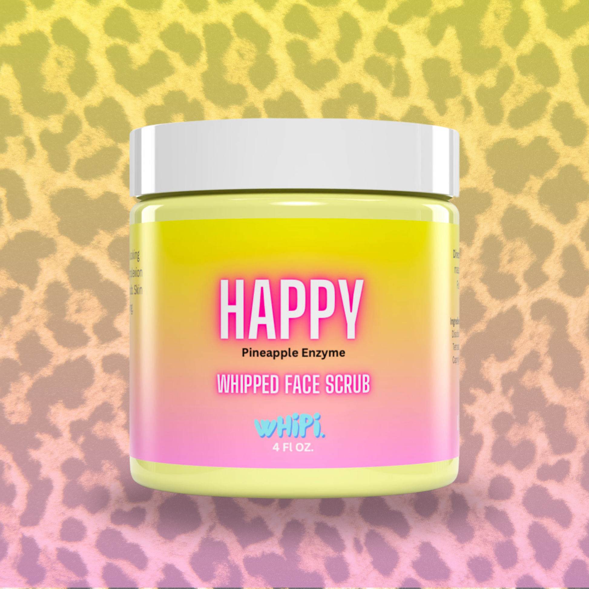 Happy Whipped Pineapple Face Scrub jar with vibrant packaging against a leopard print background.