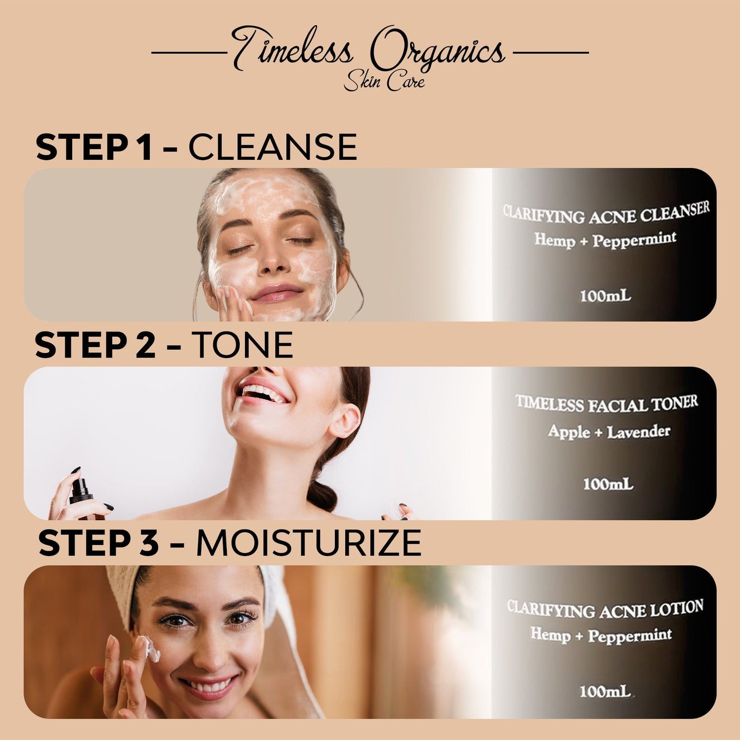 3-Step Acne System featuring cleanser, toner, and moisturizer by Timeless Organics for clear skin.