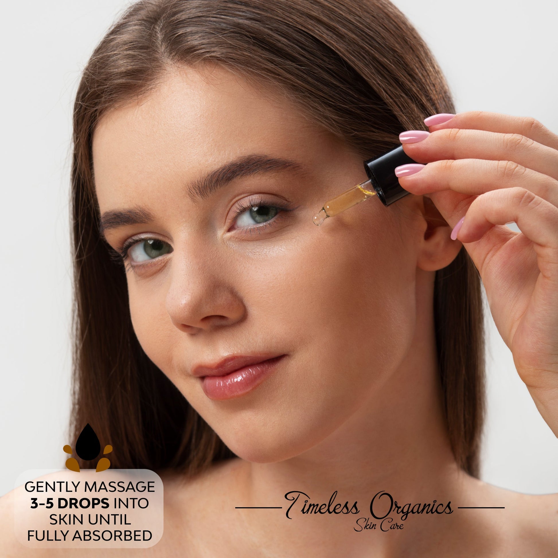 Woman applying Replenishing Radiance Oil to facial skin, showcasing deep nourishment and rejuvenation benefits.