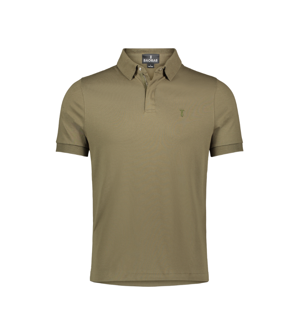 Short Sleeve Perfect Polo with StaySharp Collar, tailored fit, and hidden microfiber cloth for on-the-go cleaning in olive green.