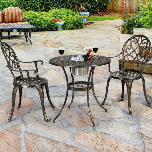 3 Pieces Outdoor Set Patio Bistro with Attached Removable Ice Bucket on stone patio with chairs
