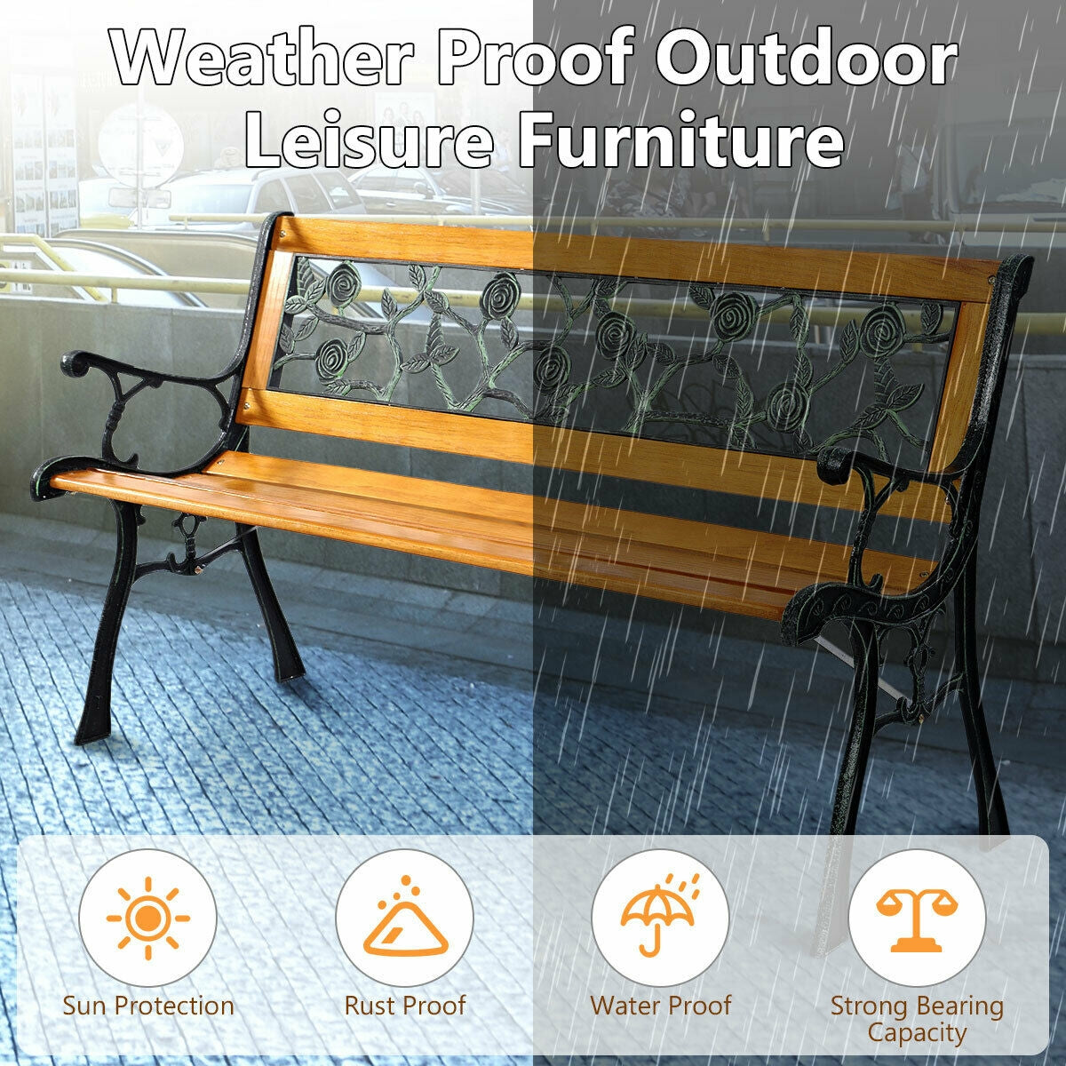 49 1/2 Inch Patio Park Garden Porch Chair Bench with weatherproof features, wood and iron structure, seating capacity of three, 463 lbs load.