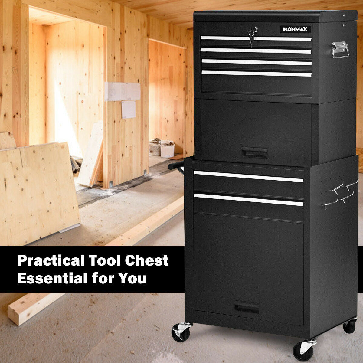 6-Drawer Tool Chest with Heightening Cabinet-Black in workshop setting, featuring ample storage, lockable top box, and protective liner.
