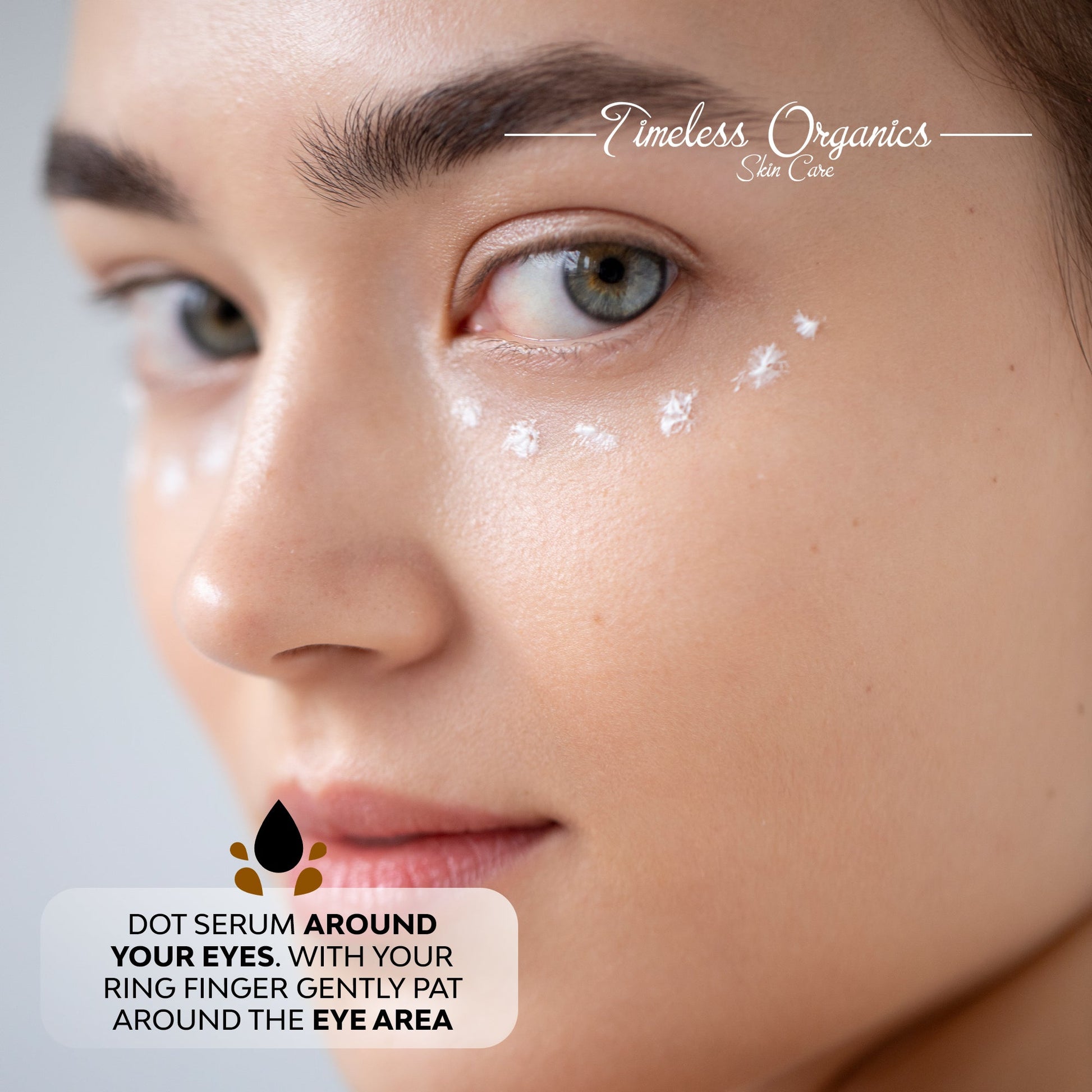 Timeless Eye Serum application for puffiness, dark circles, and fine lines around eyes, featuring nourishing ingredients for revitalization.