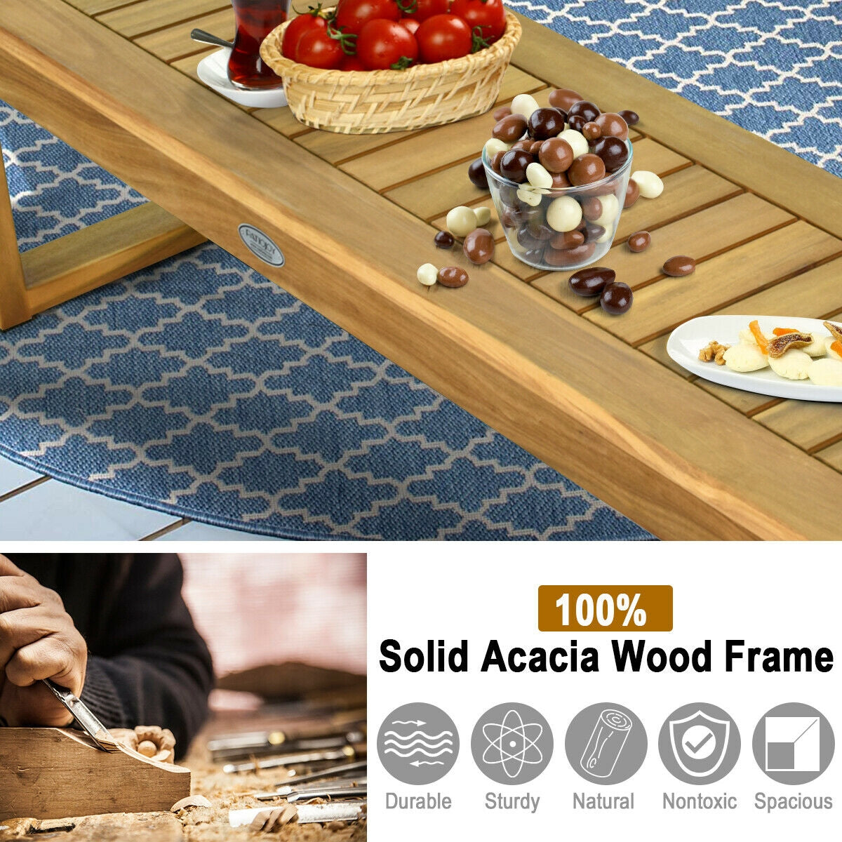 52 Inch Acacia Wood Dining Bench with Slatted Seat showcasing durability, sturdy design, natural finish, and spacious wooden top.