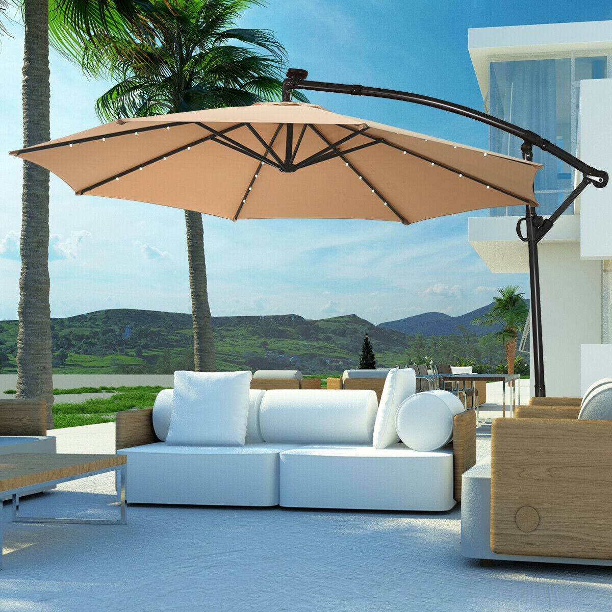 10 ft 360° Rotation Solar Powered LED Patio Offset Umbrella without Weight Base-Beige on modern patio with scenery