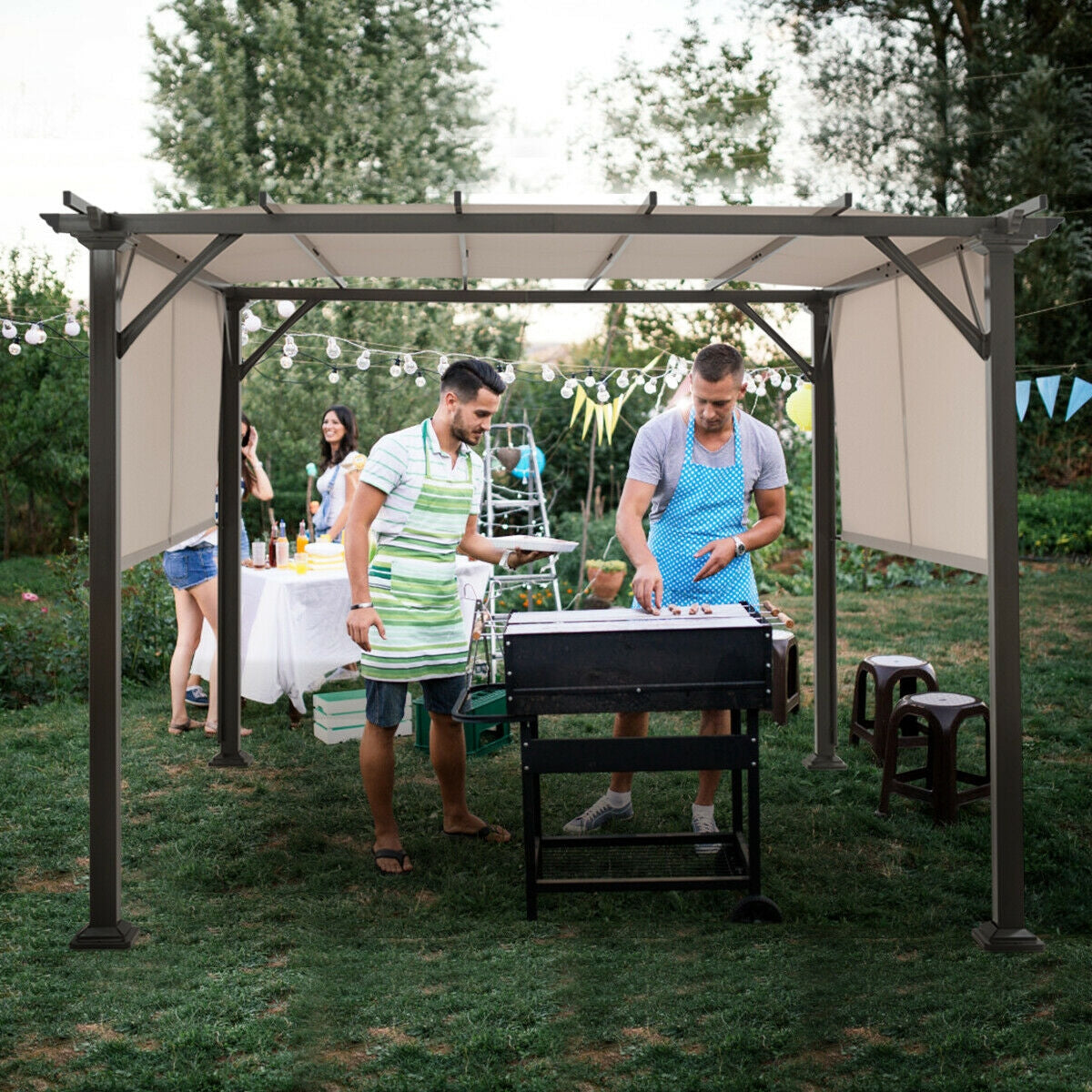 10 x 10 Feet Metal Frame Patio Furniture Shelter-Beige with waterproof polyester canopy and steel frame in a backyard setting with people