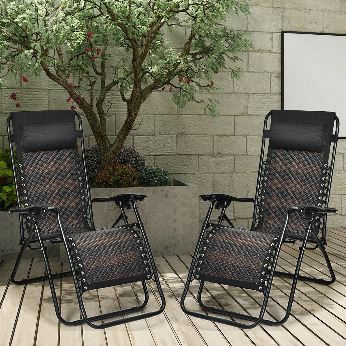 Set of 2 Pieces Folding Patio Rattan Zero Gravity Lounge Chair-Brown on wooden deck