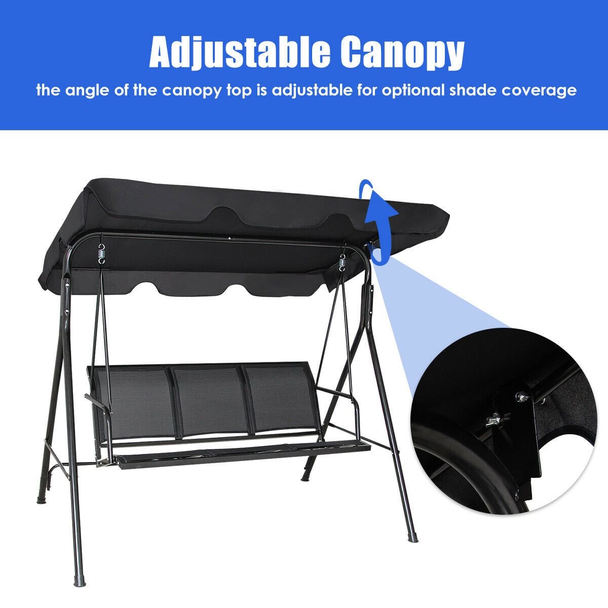 3 Person Patio Swing with Polyester Angle Adjustable Canopy showcasing adjustable top for optimal shade coverage