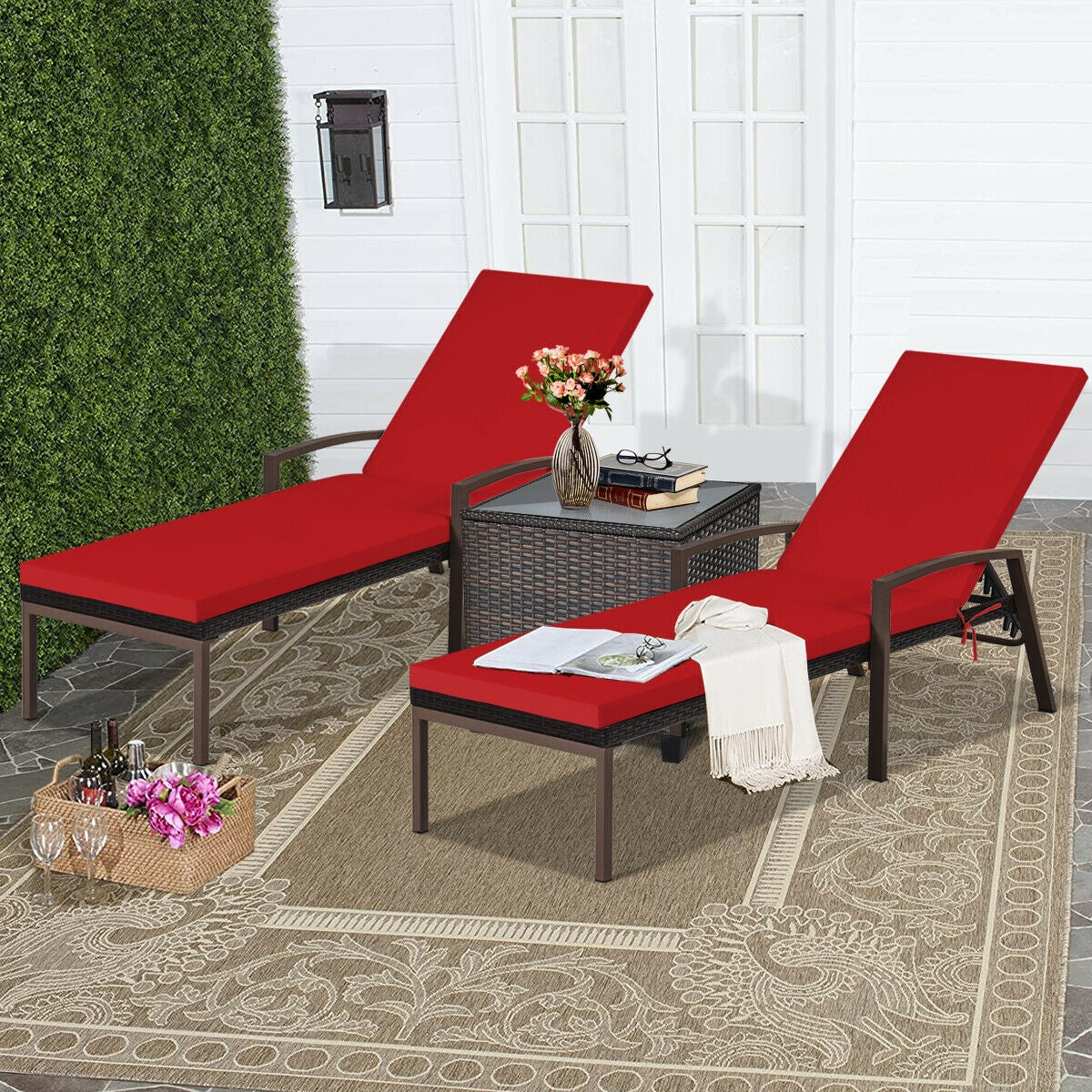 2 Pieces Patio Rattan Adjustable Back Lounge Chair with Armrest and Removable Cushions-Red for outdoor relaxation