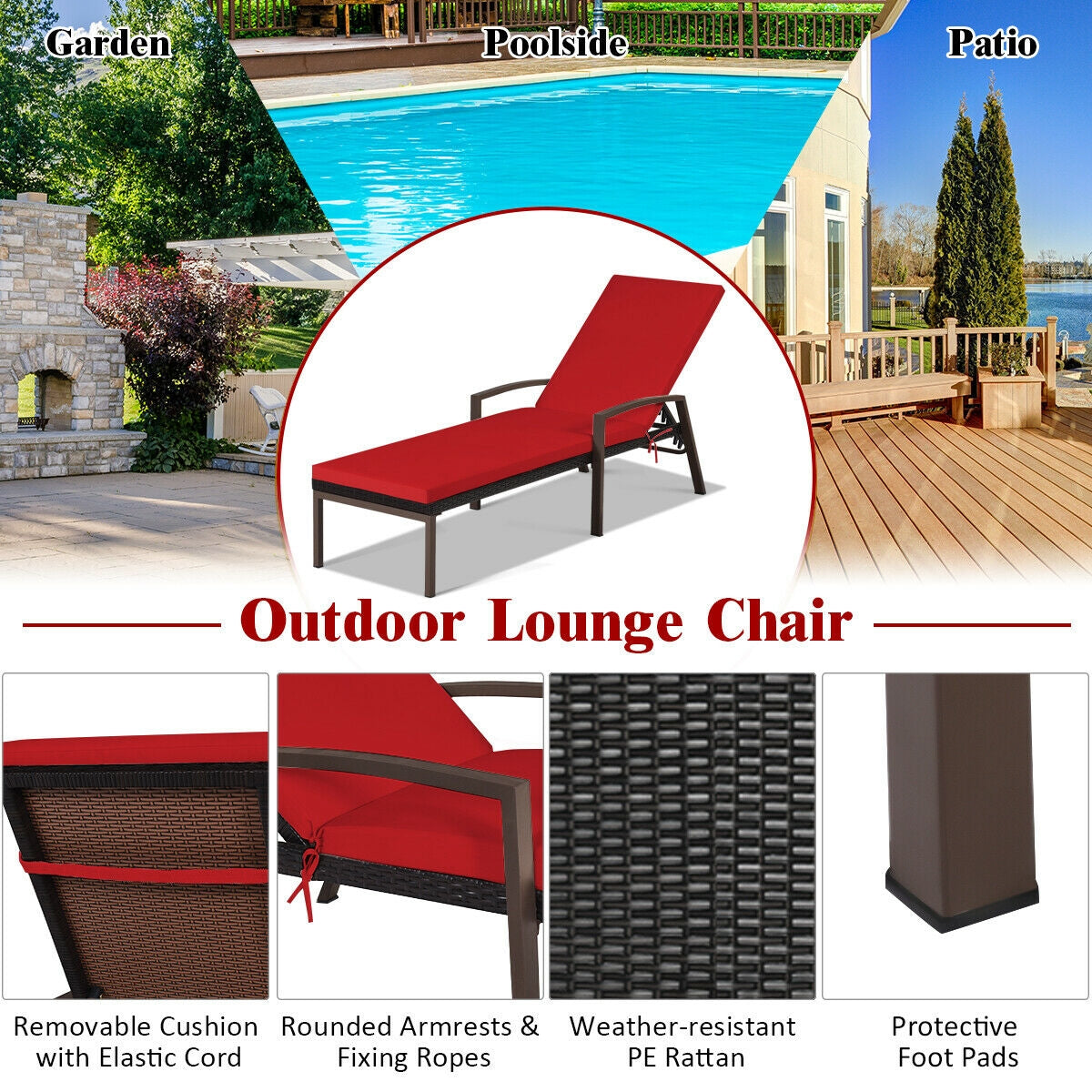 Patio Rattan Lounge Chaise Recliner with Back Adjustable Cushioned-Red, ideal for garden, poolside, and patio use.