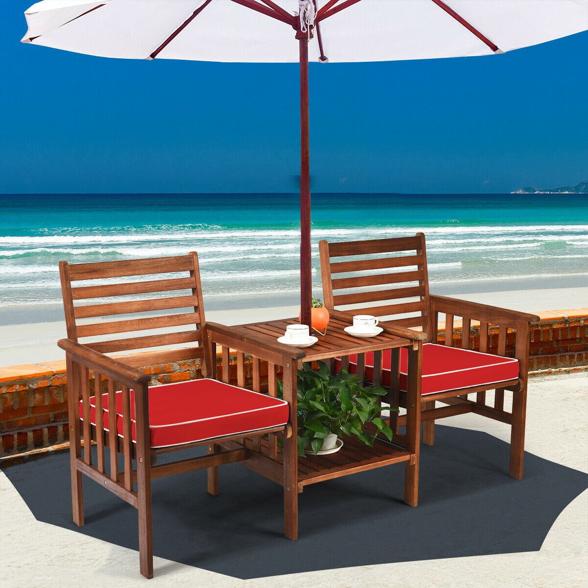 3 pcs Outdoor Patio Table Chairs Set Acacia Wood Loveseat-Red by the beach