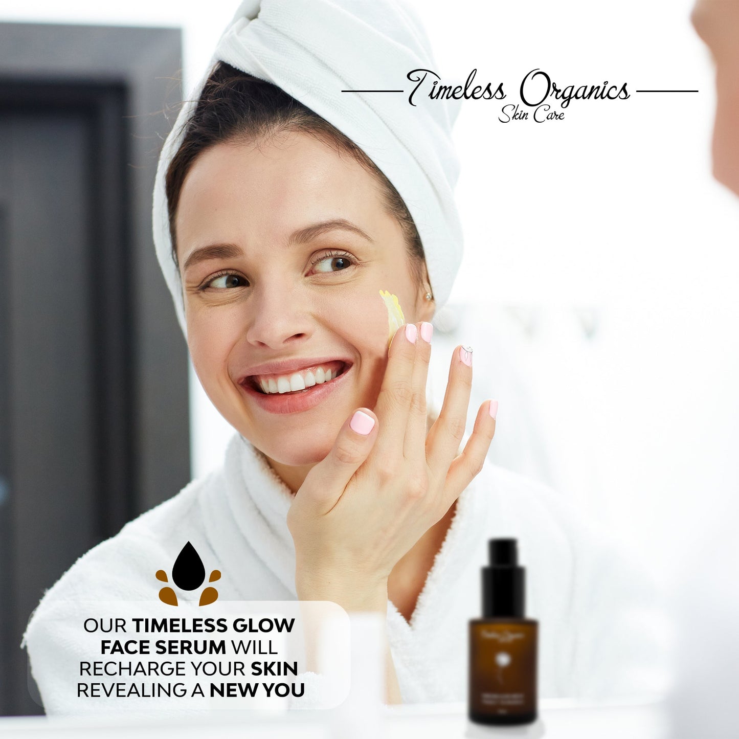 Woman applying Timeless Glow Serum to her face, promoting hydration and radiance with Vitamin C for healthy skin.