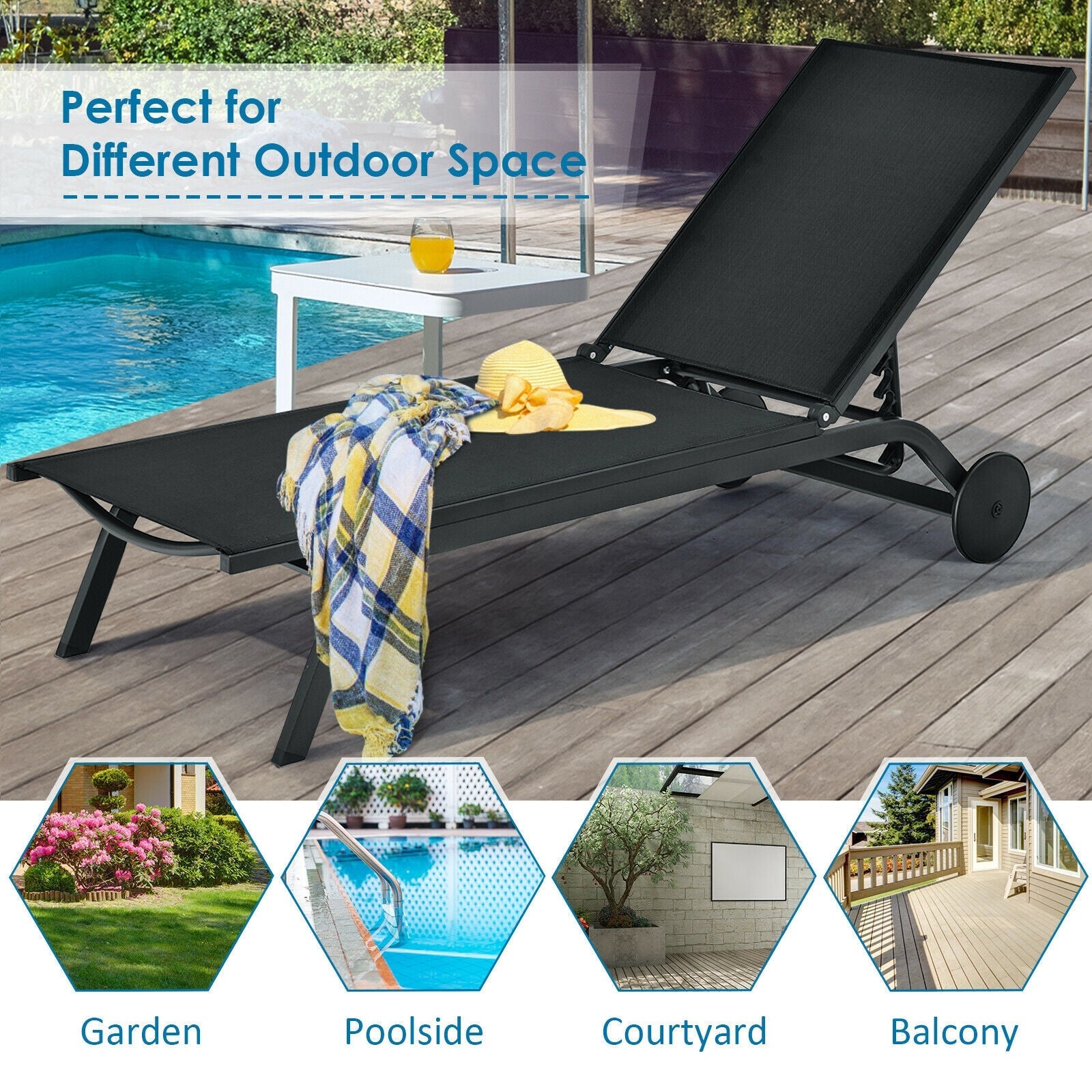 Aluminum Fabric Outdoor Patio Lounge Chair with Adjustable Reclining -Black by poolside with sun hat and towel, perfect for garden, poolside, courtyard, and balcony.
