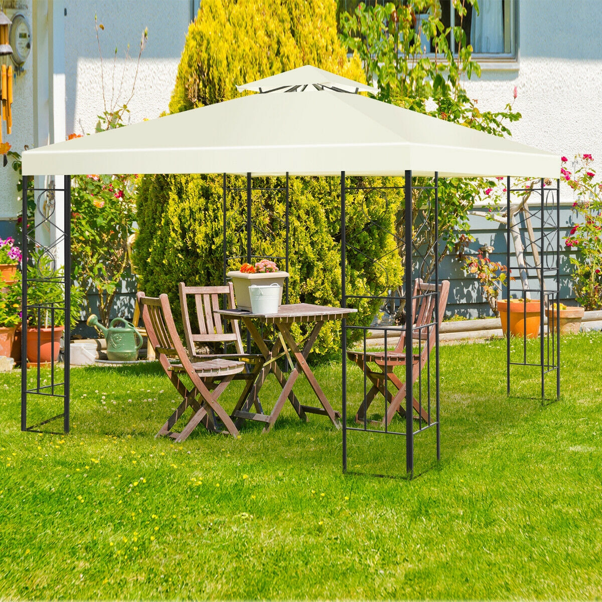 2 Tiers 10 x 10 Feet Patio Gazebo Canopy Tent in a garden setting
