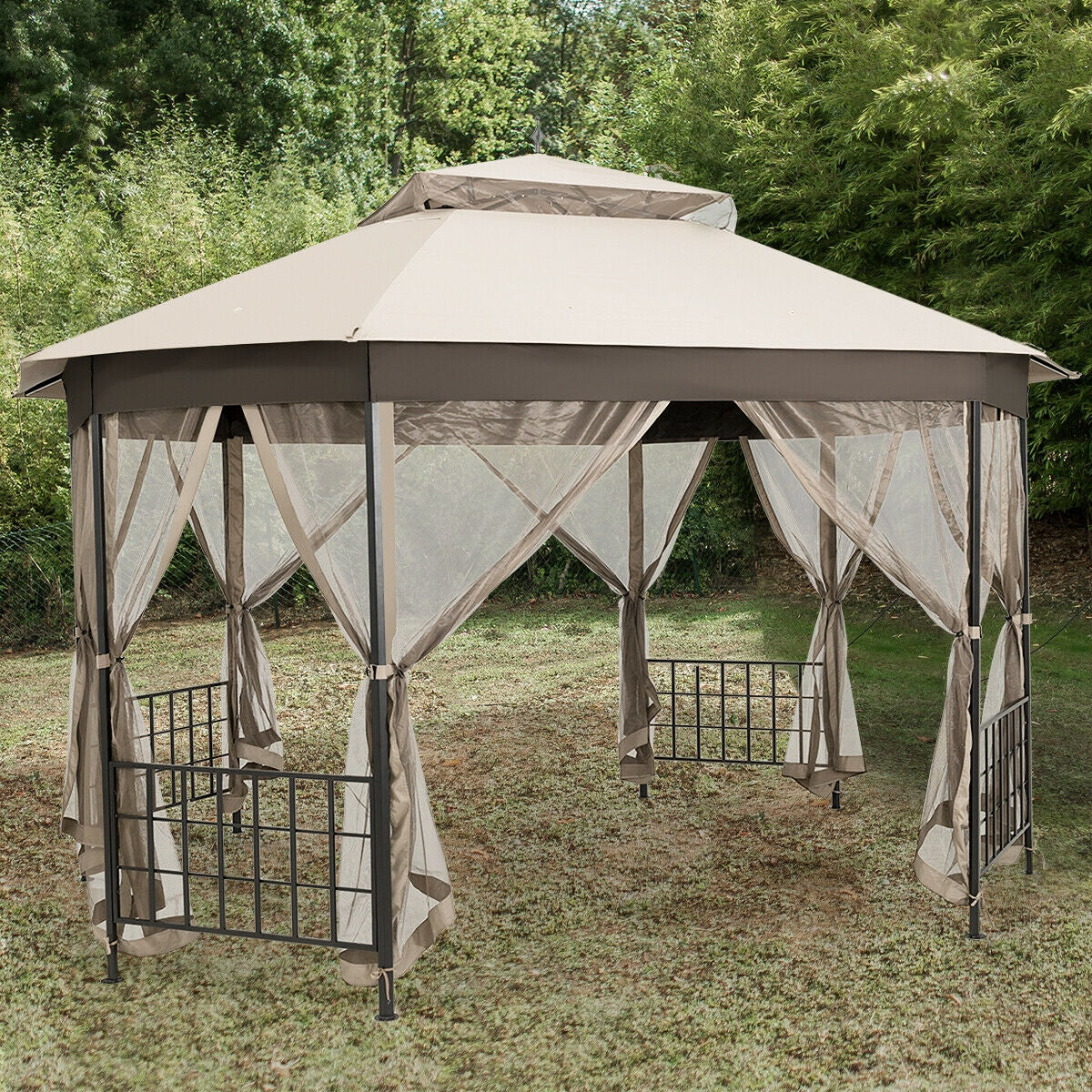 10’x 12’ Octagonal Patio Gazebo-Beige with durable steel frame and polyester panels in a garden setting