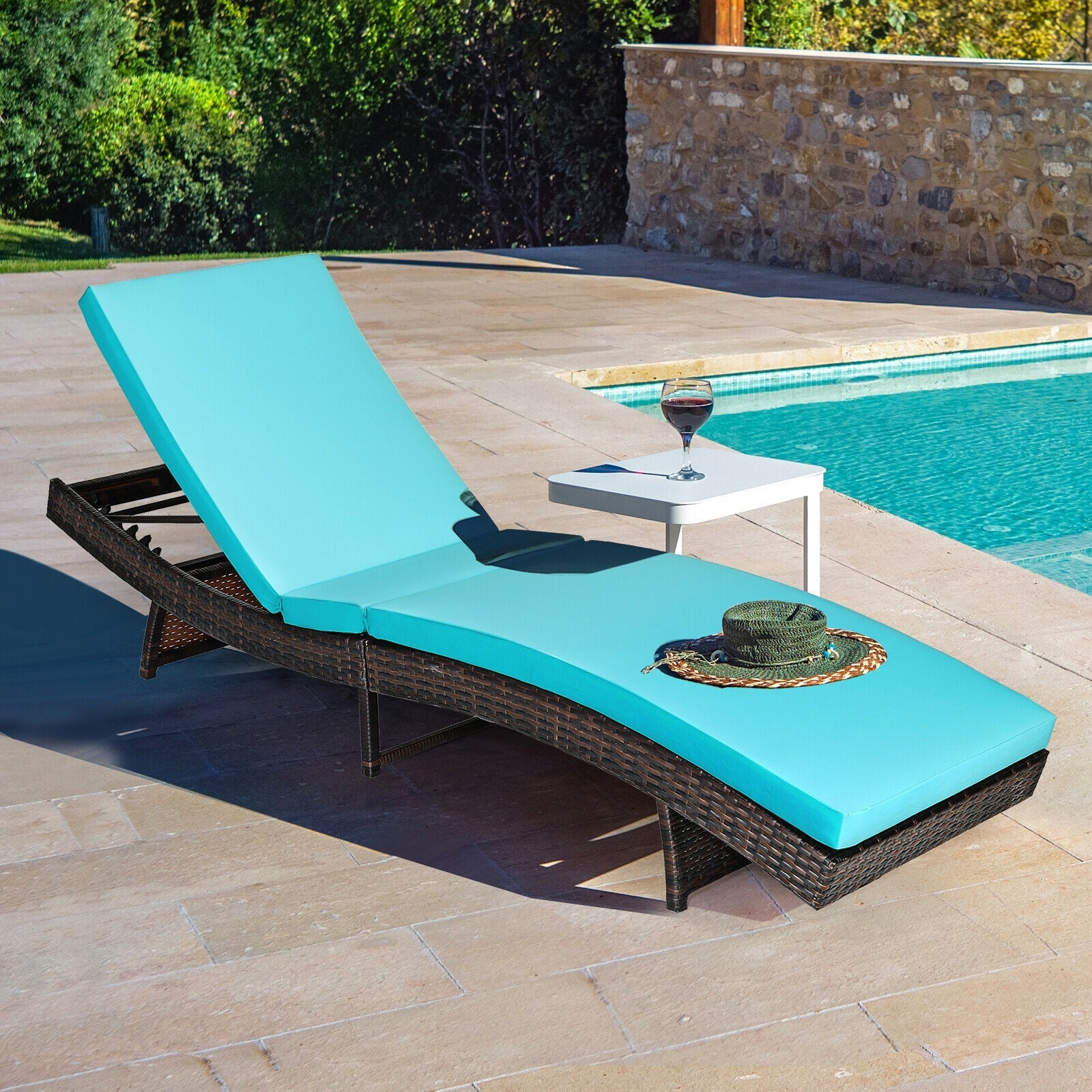 Patio Folding Adjustable Rattan Chaise Lounge Chair with Cushion-Turquoise by the poolside, featuring adjustable backrest and cushion