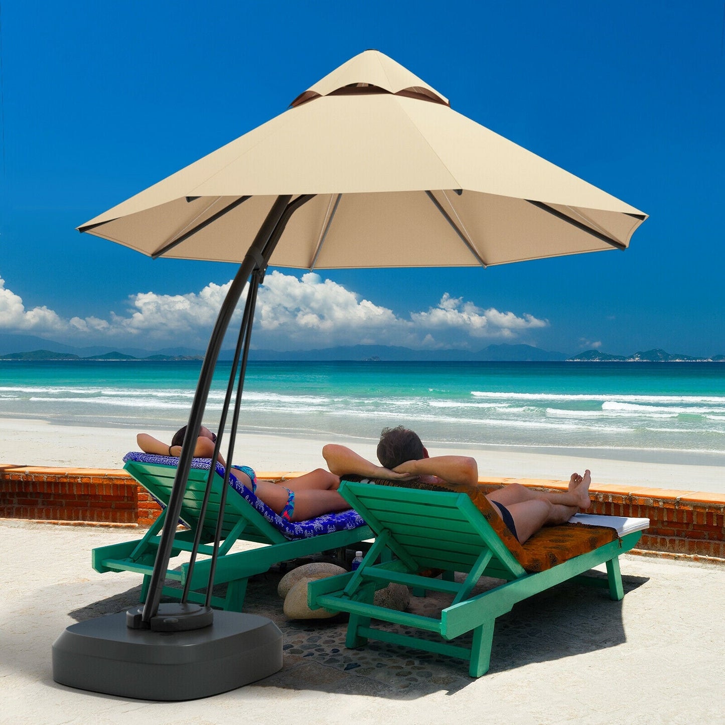 11 Feet Outdoor Cantilever Hanging Umbrella with Base and Wheels-Beige providing shade on a sunny beach setting