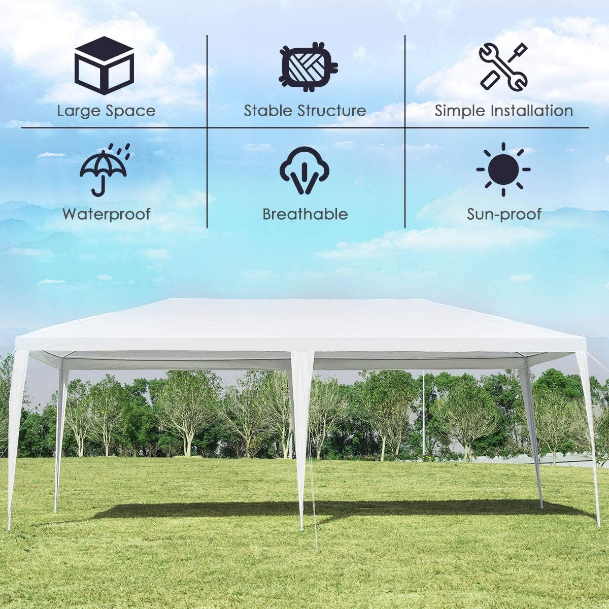 10 x 20 Feet Waterproof Canopy Tent with Tent Peg and Wind Rope displayed with features like stability and waterproof design.