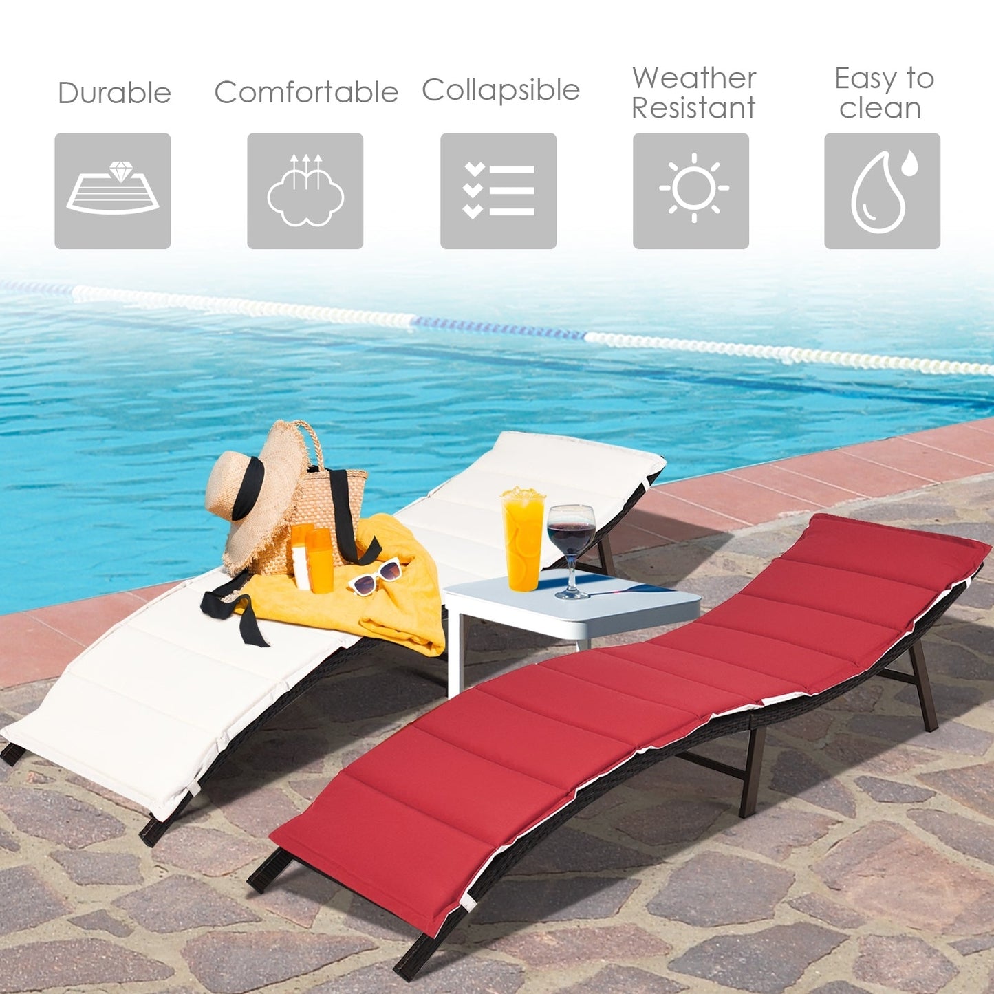 2Pcs Folding Patio Lounger Chair by poolside with drinks and summer accessories