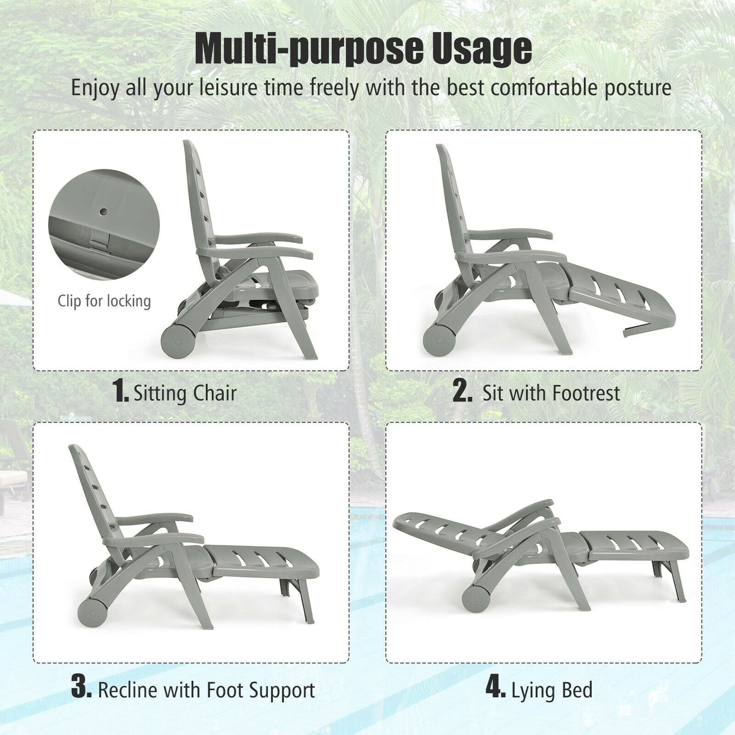 5 Position Adjustable Folding Lounger Chaise Chair-Gray showcasing four positions for various outdoor seating arrangements