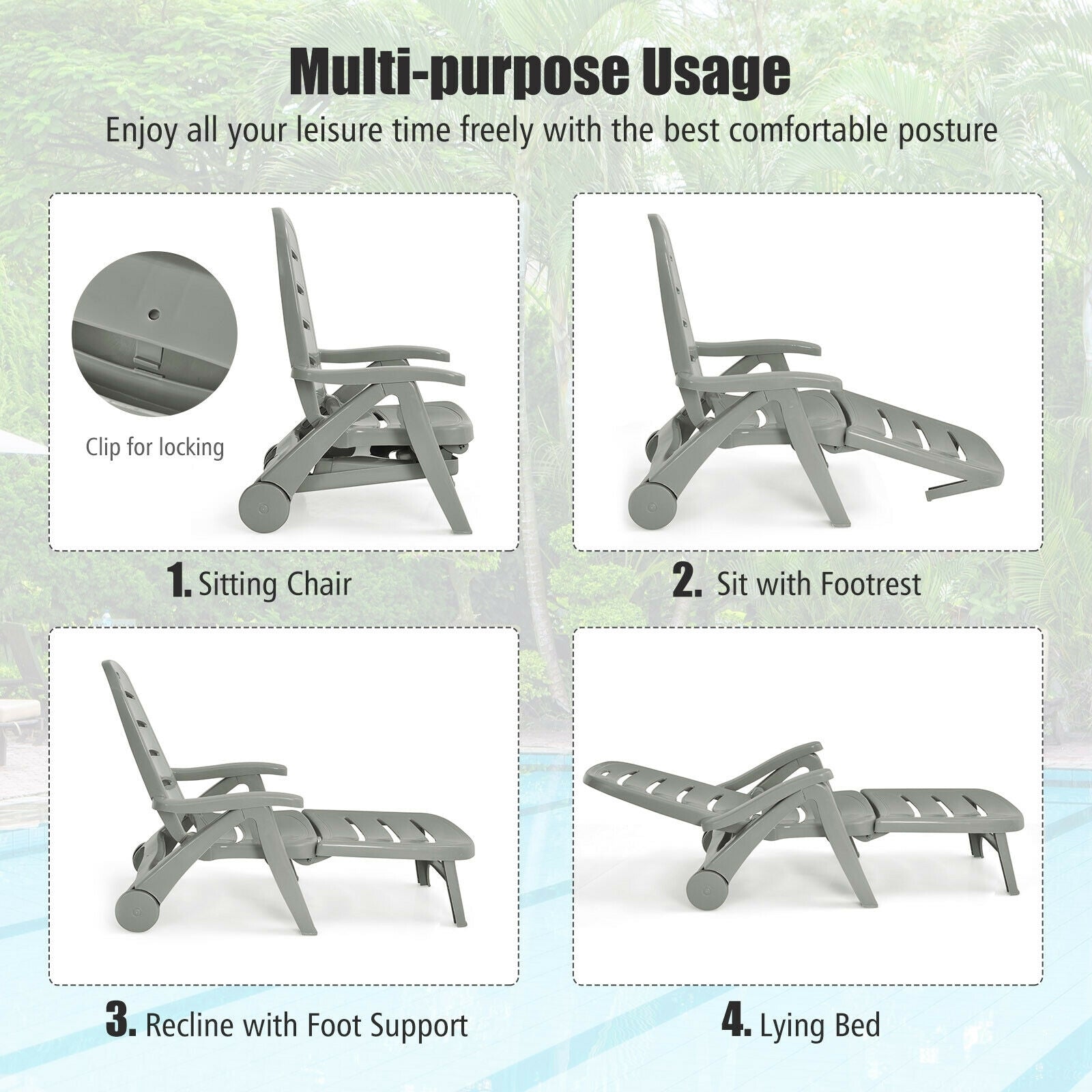 5 Position Adjustable Folding Lounger Chaise Chair-Gray showcasing four positions for various outdoor seating arrangements