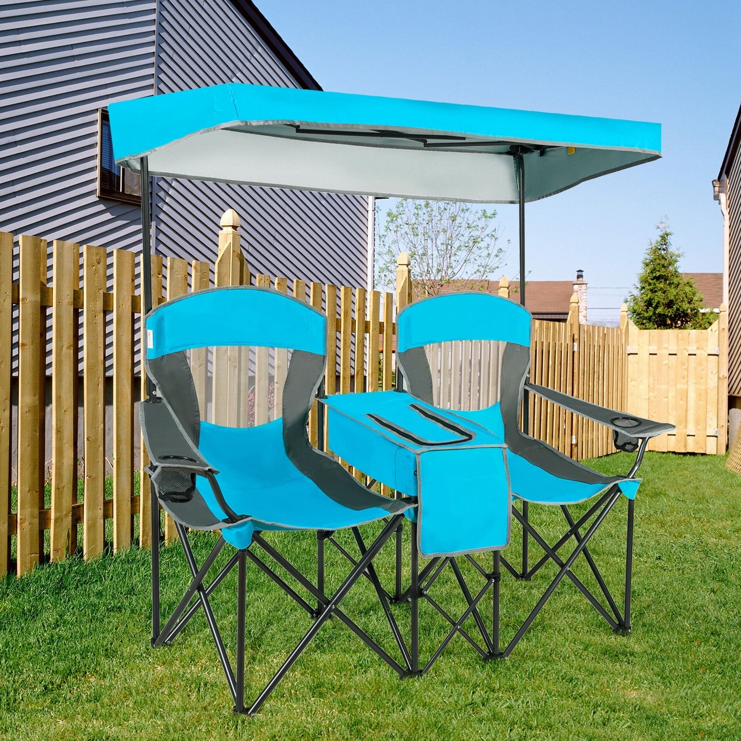 Portable Folding Camping Canopy Chairs with Cup Holder-Blue set up in a backyard showcasing sturdy steel frame and adjustable canopy.