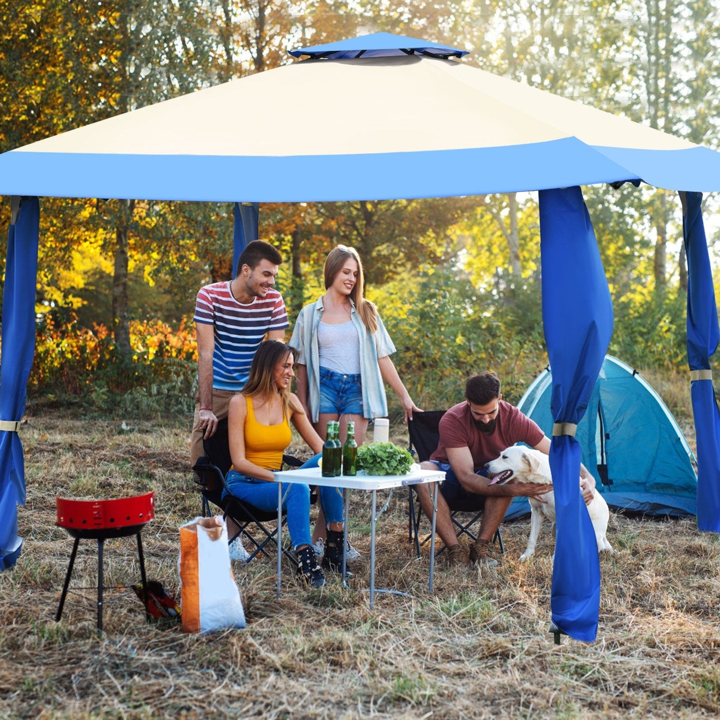 Group enjoying outdoors under 13 Feet x 13 Feet Pop Up Canopy Tent Instant Outdoor Folding Canopy Shelter-Blue with camping gear