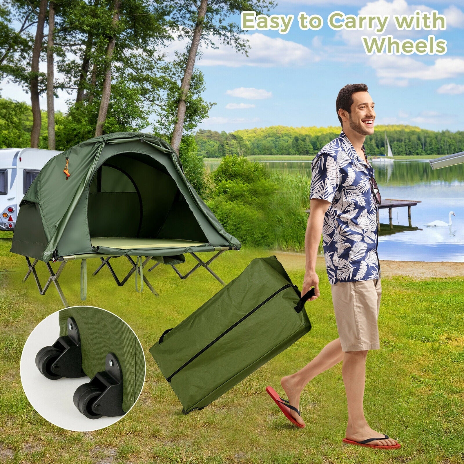 2-Person Outdoor Camping Tent with External Cover-Green shown in a scenic setting with easy-to-carry wheels.