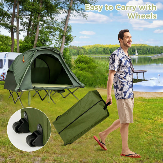 2-Person Outdoor Camping Tent with External Cover-Green shown in a scenic setting with easy-to-carry wheels.