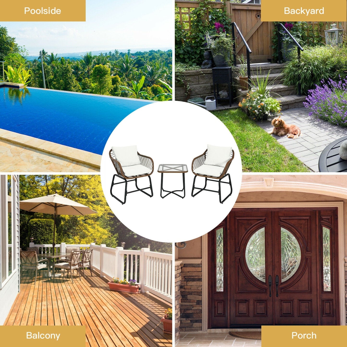 3 Pieces Patio Rattan Bistro Set Cushioned Chair Glass Table Deck-White in various outdoor settings including poolside, backyard, balcony, and porch.