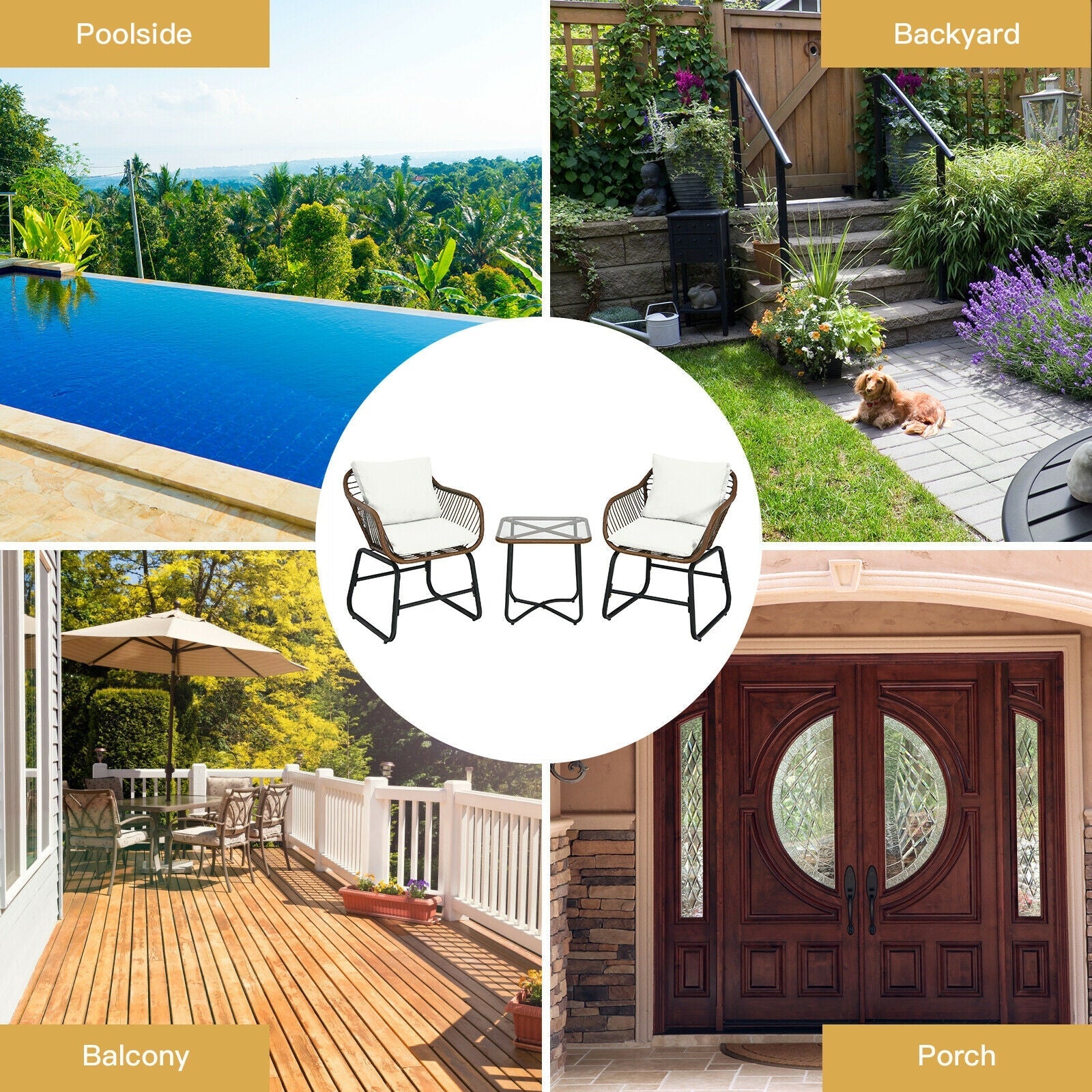 3 Pieces Patio Rattan Bistro Set Cushioned Chair Glass Table Deck-White in various outdoor settings including poolside, backyard, balcony, and porch.