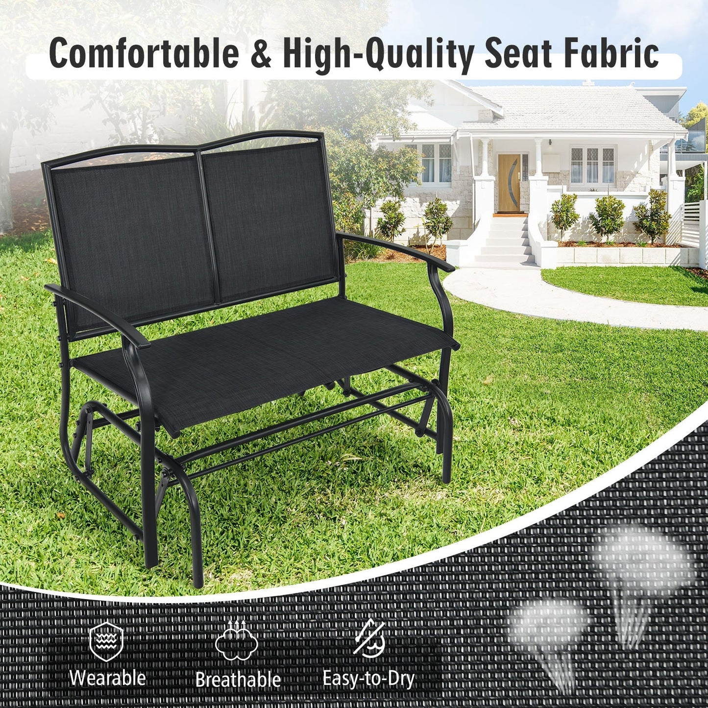 Iron Patio Rocking Chair for Outdoor Backyard and Lawn-Black in front of a house, highlighting comfortable and high-quality seat fabric.