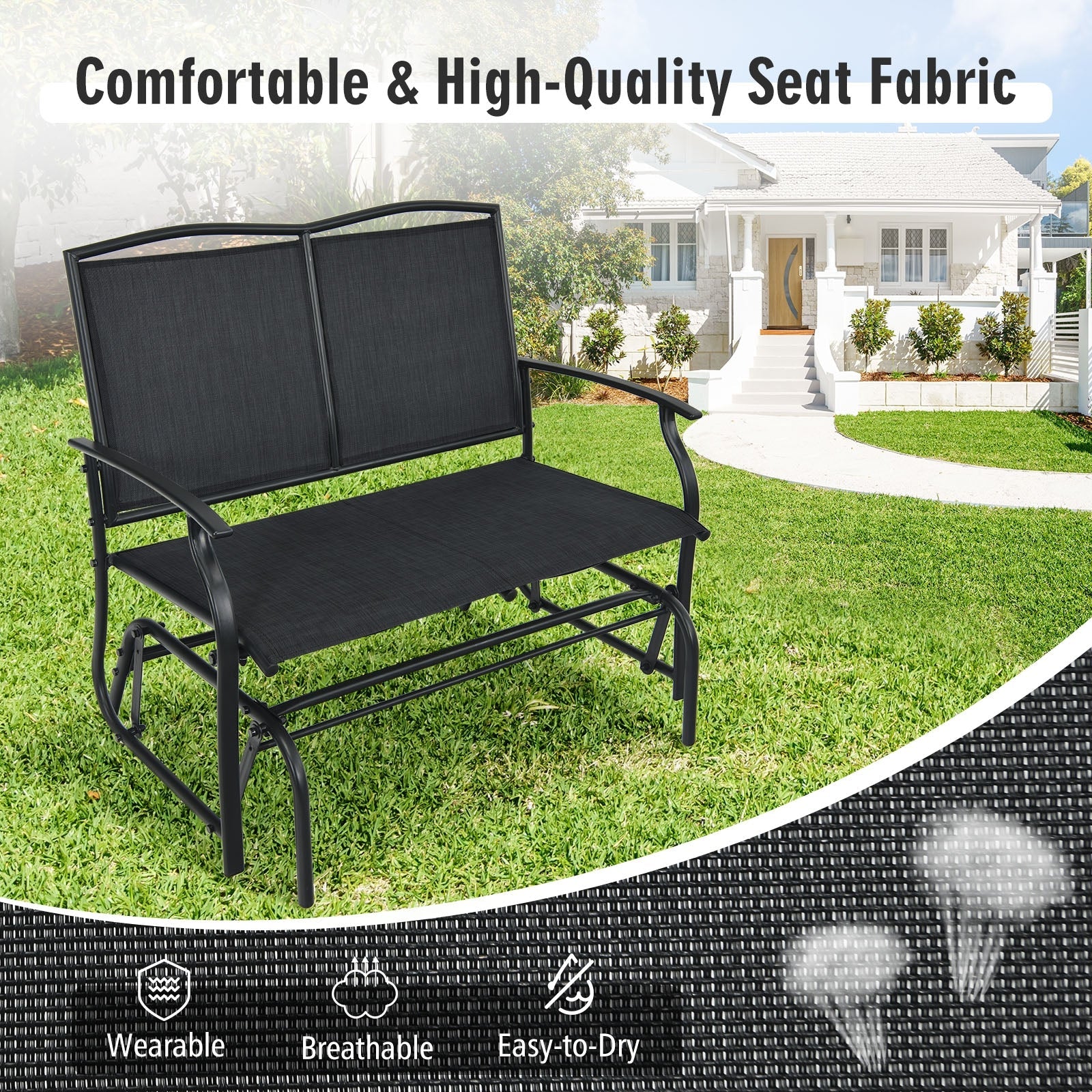 Iron Patio Rocking Chair for Outdoor Backyard and Lawn-Black in front of a house, highlighting comfortable and high-quality seat fabric.