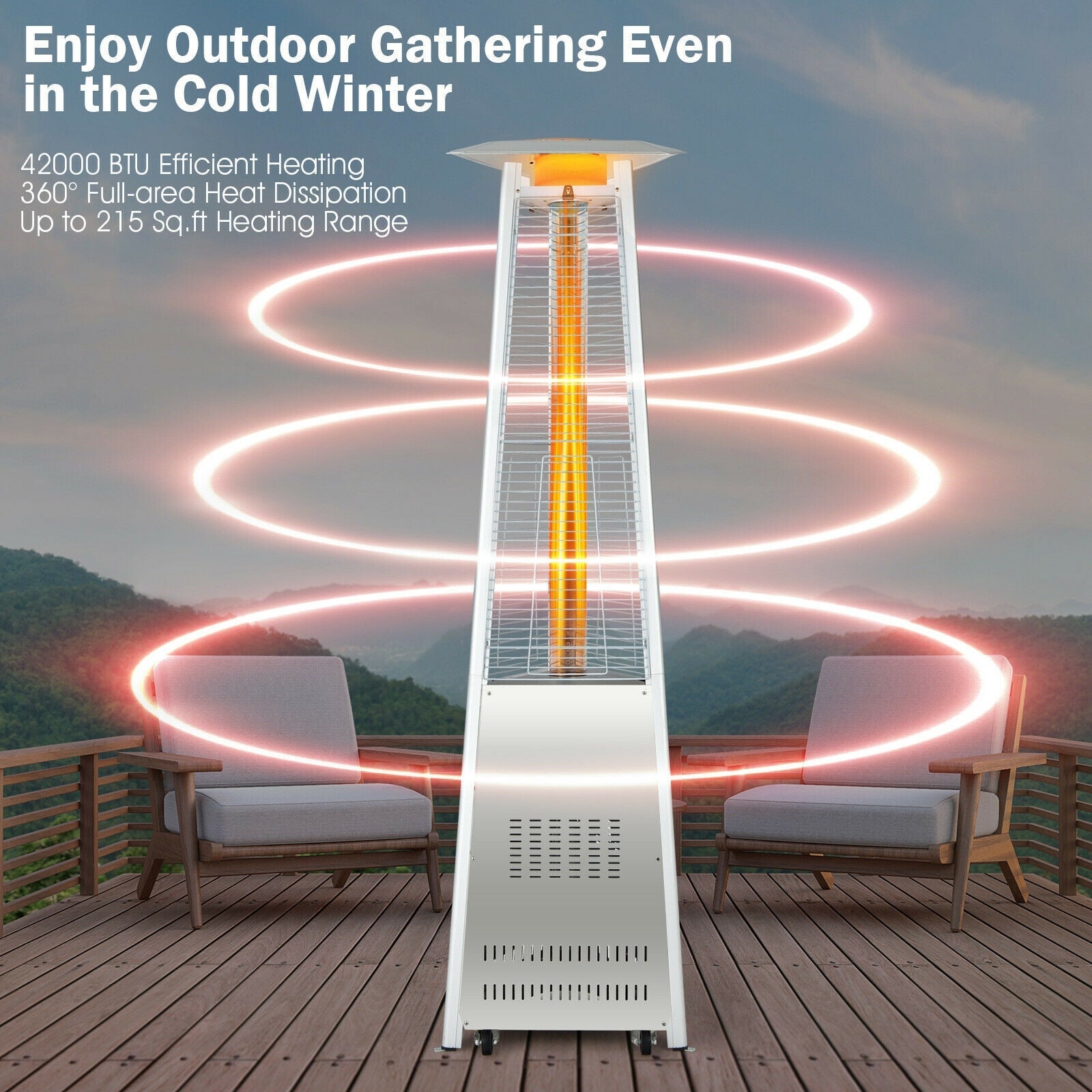 42 000 BTU Stainless Steel Pyramid Patio Heater With Wheels on outdoor deck for winter warmth