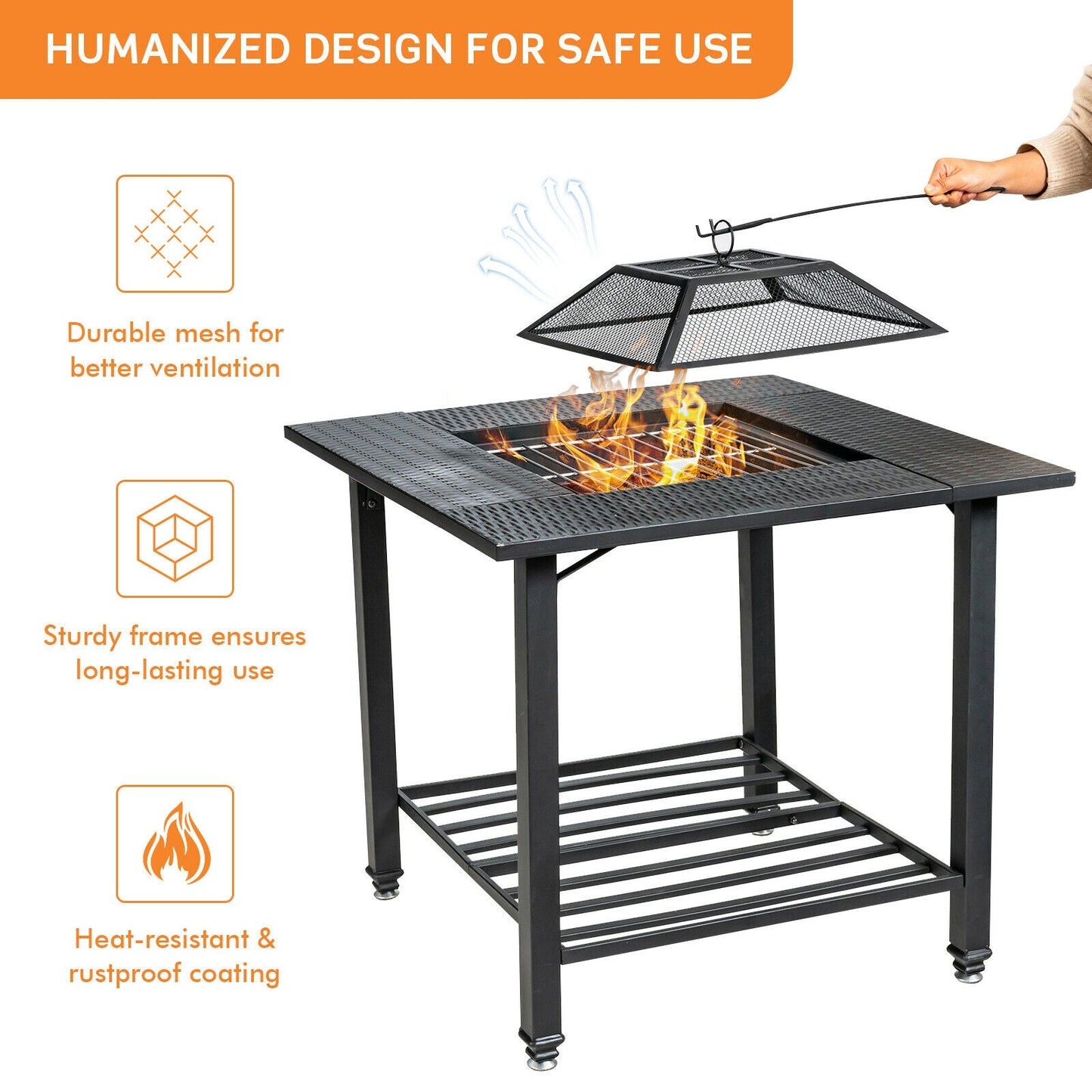 31 Inch Outdoor Fire Pit Dining Table with Cooking BBQ Grate, showcasing sturdy steel frame and multipurpose functionality.