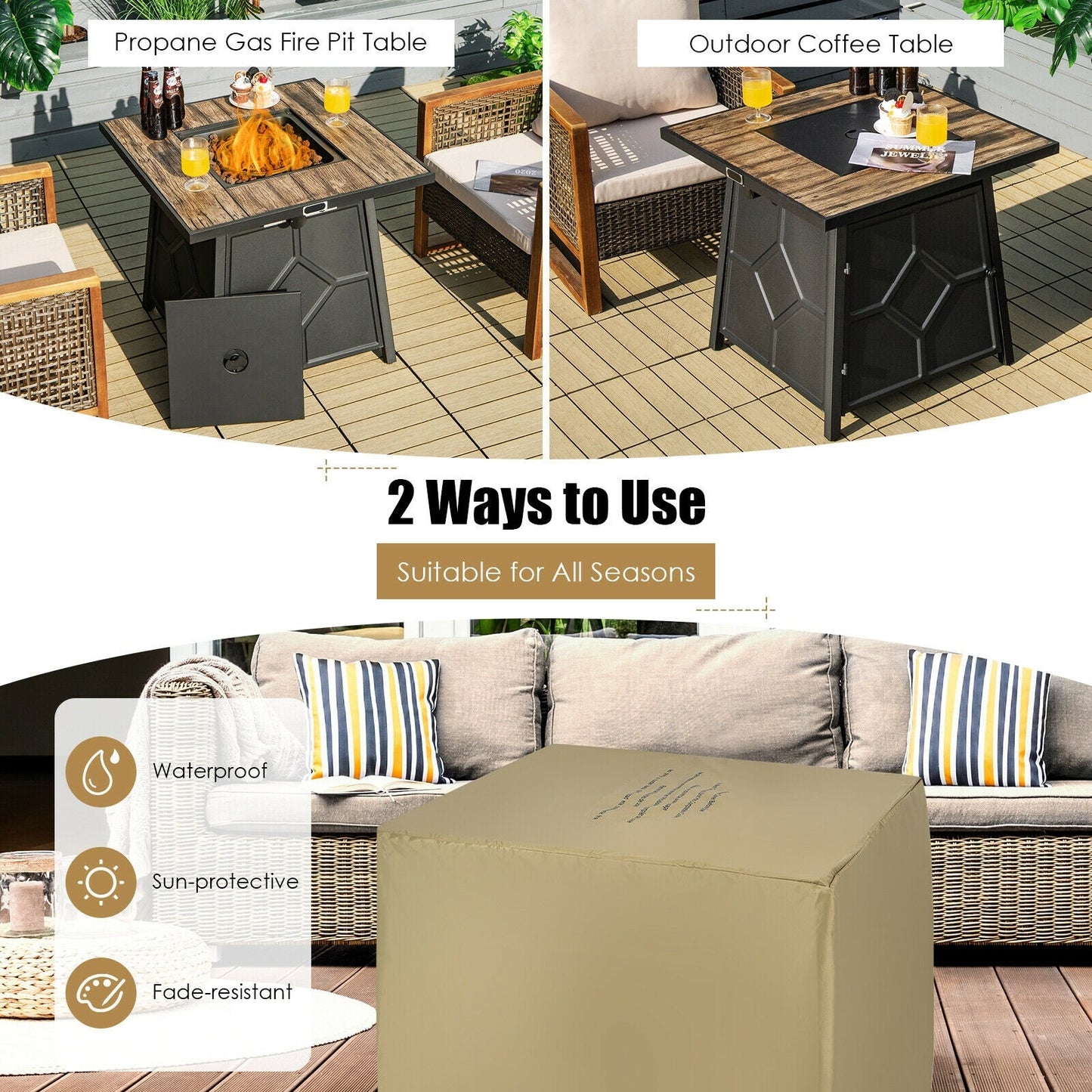 40 000 BTU 28 Inches Propane Gas Fire Pit Table With Cover shown as fire pit and coffee table, waterproof sun-protective cover featured.