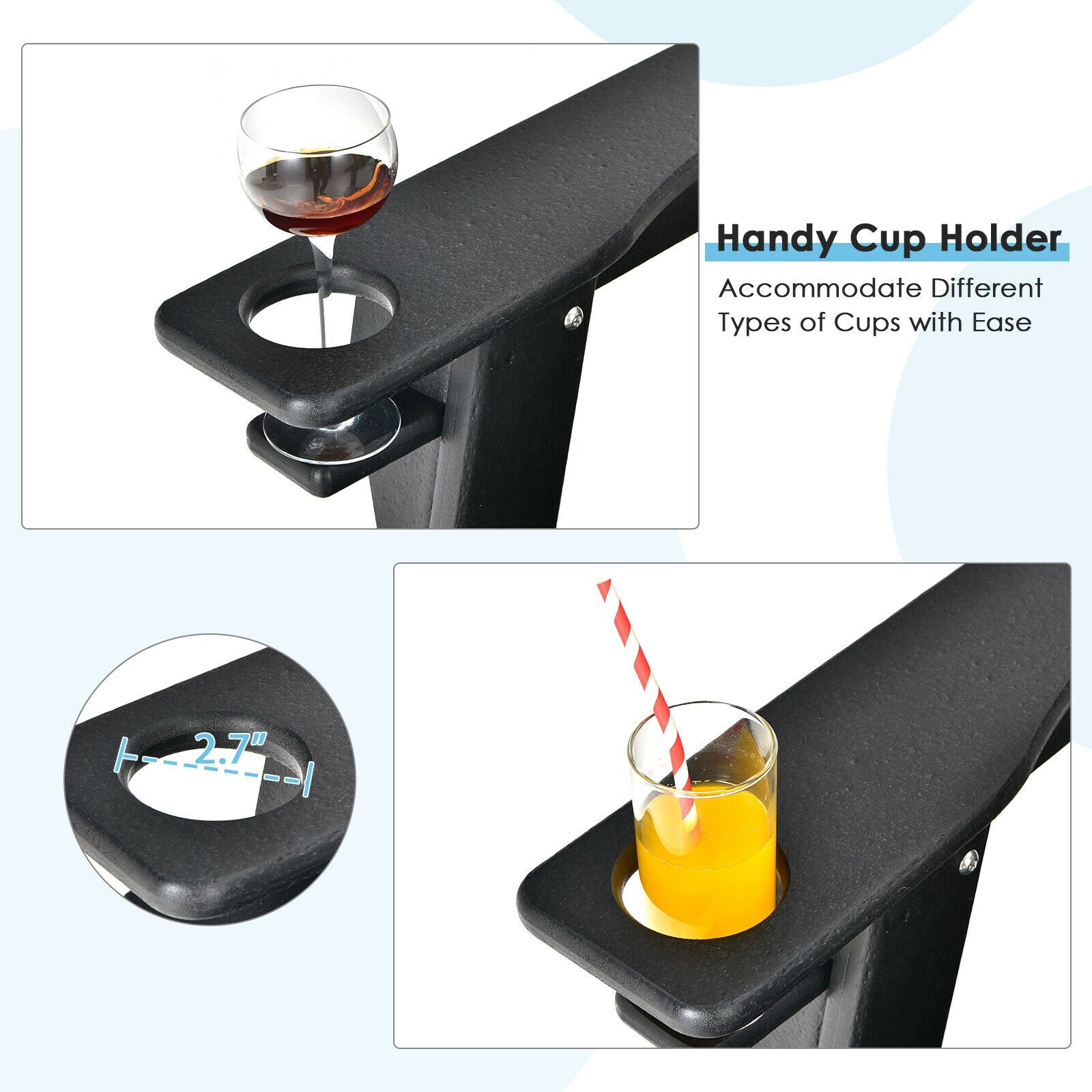 Outdoor Adirondack Chair with Built-in Cup Holder for Backyard Porch-Black showing handy cup holder for drinks.