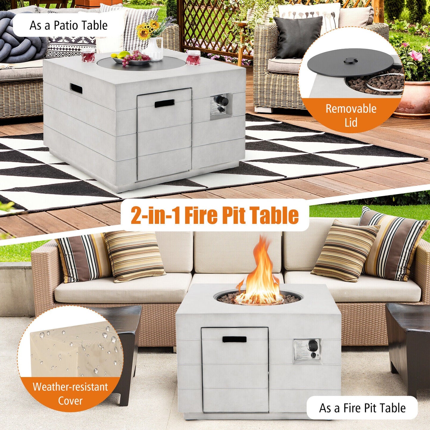 34 Inch Square Concrete Propane Fire Pit Table with Lava Rocks and Cover 50 000 BTU-Gray on patio displaying dual functions