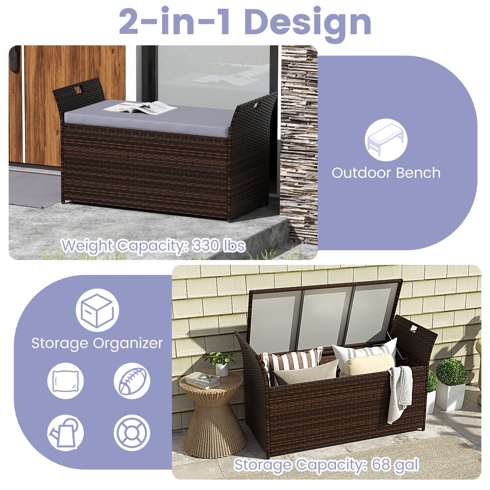 Outdoor Bench with Hand-woven PE Rattan Wicker and Side Handles-Gray with storage organizer feature