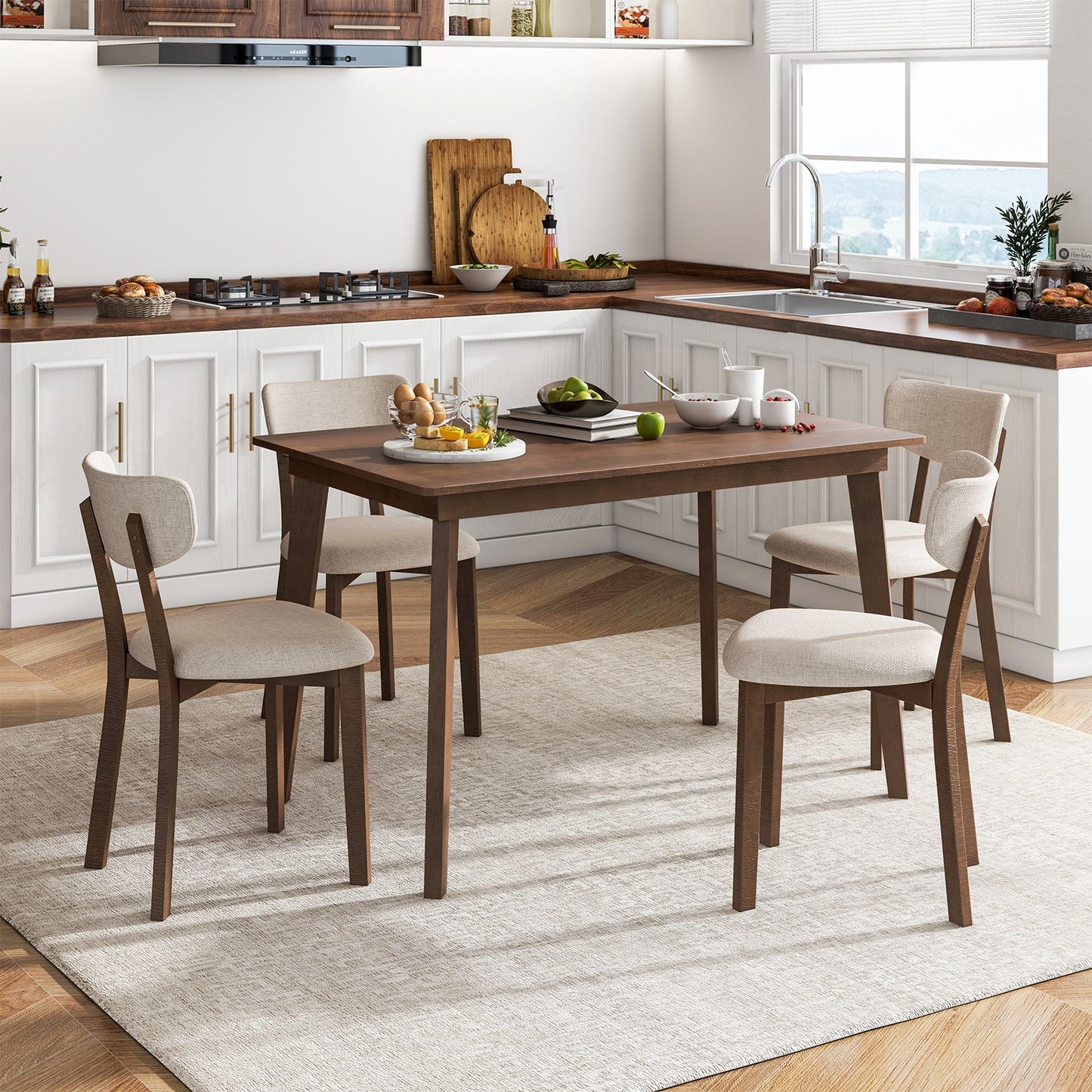5-Piece Dining Table Set for 4 with Rubber Wood Frame and Padded Set-Brown in a modern kitchen setting