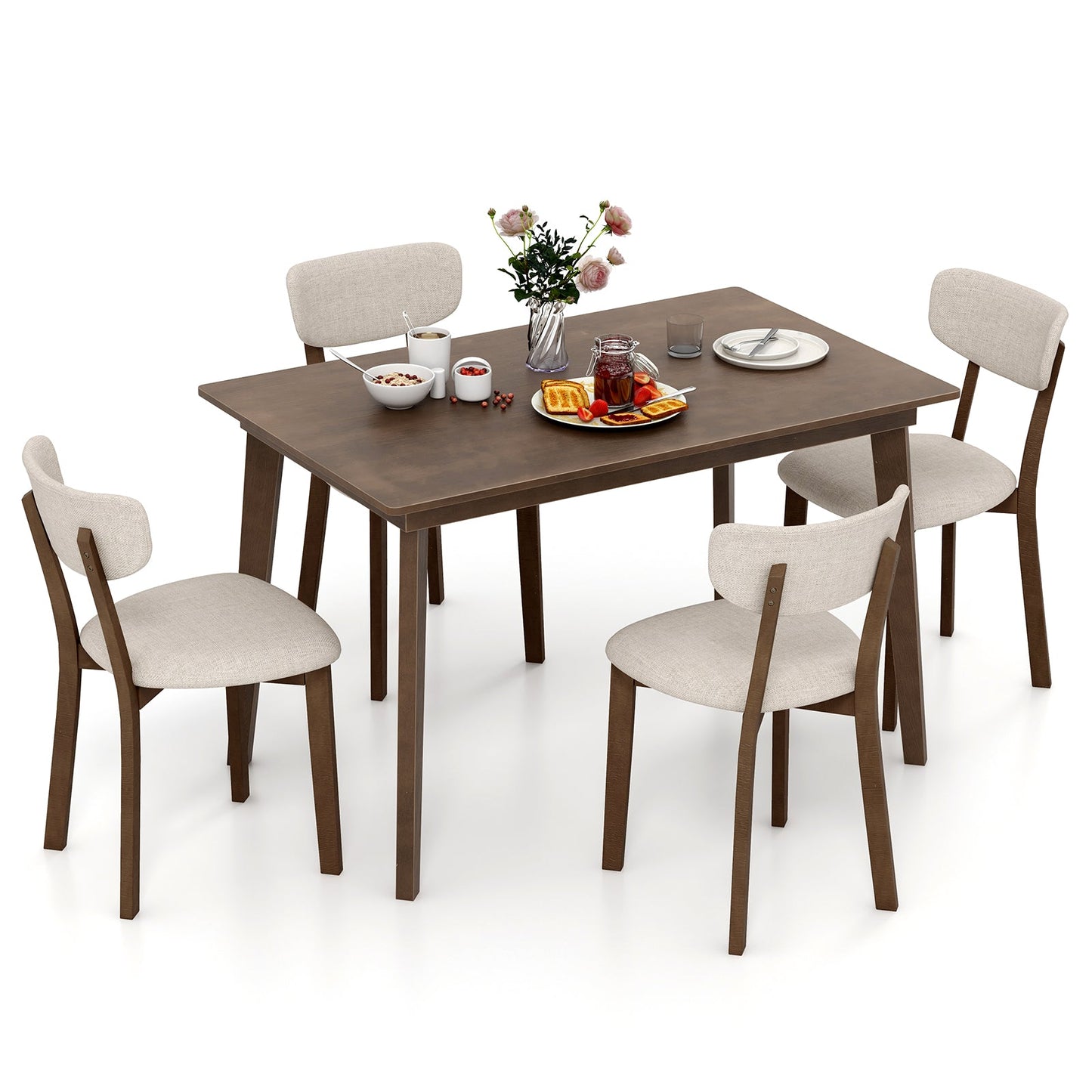5-Piece Dining Table Set for 4 with Rubber Wood Frame and Padded Set-Brown in a dining room setting
