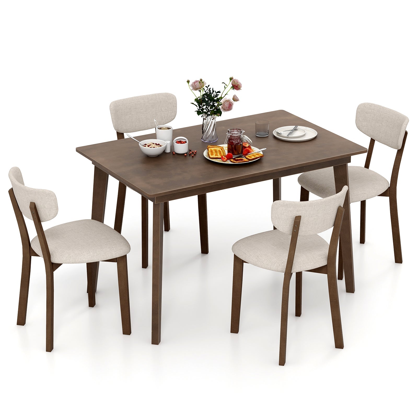 5-Piece Dining Table Set for 4 with Rubber Wood Frame and Padded Set-Brown in a dining room setting
