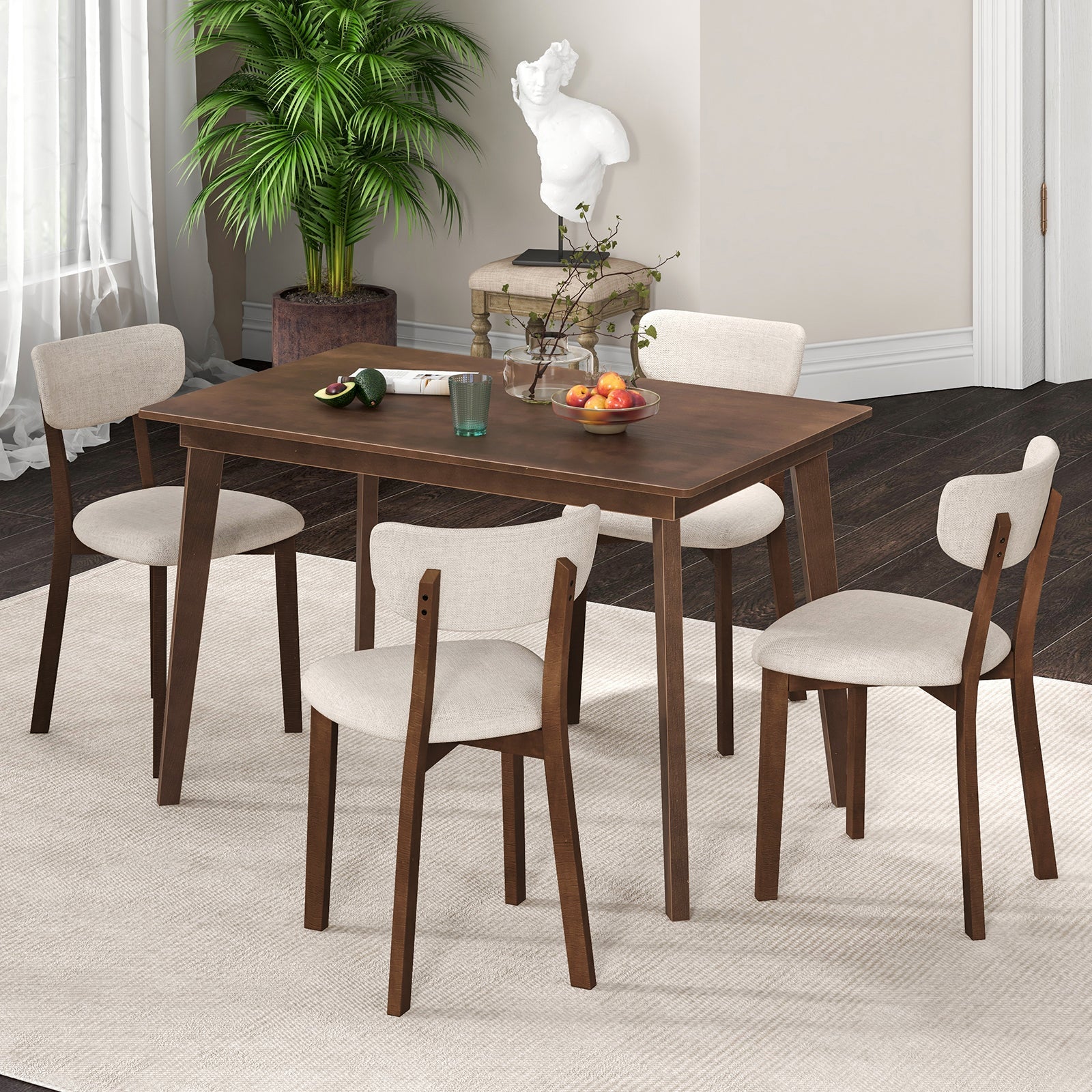 5-Piece Dining Table Set for 4 with Rubber Wood Frame and Padded Set-Brown in modern dining room setting.