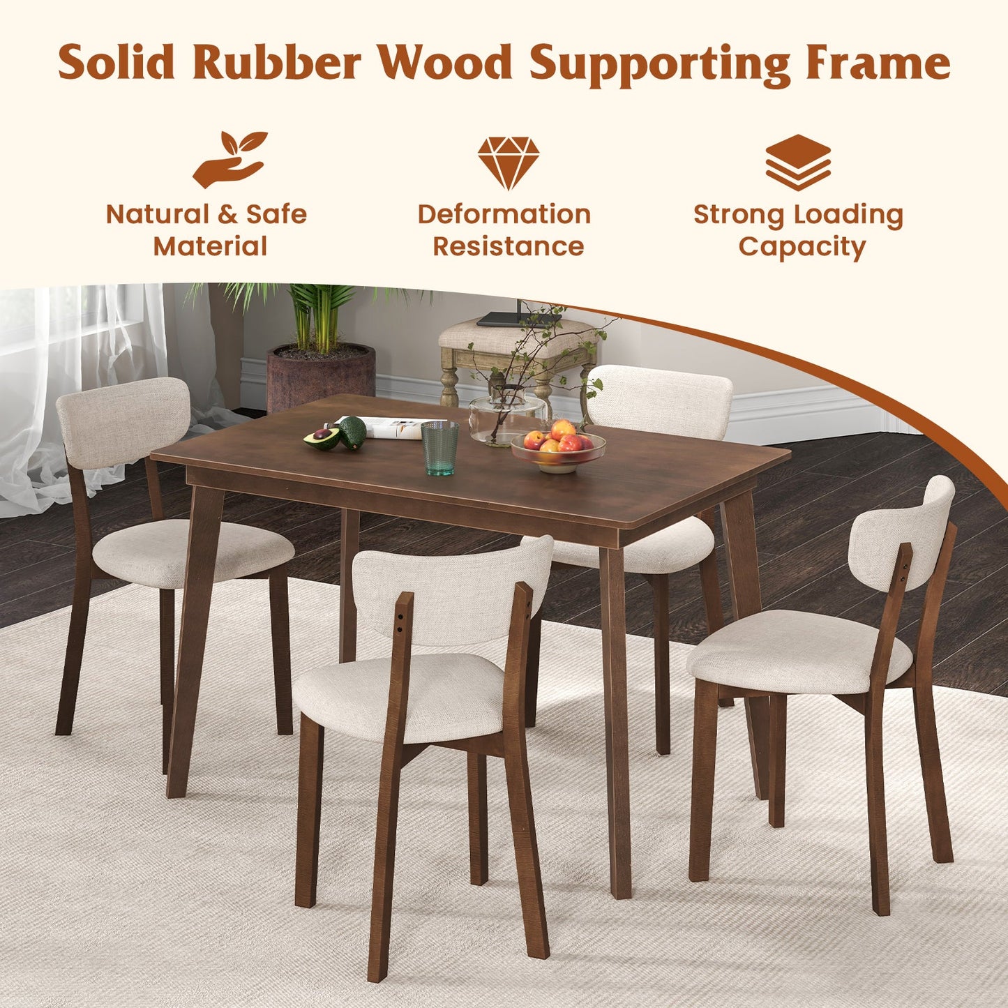 5-Piece Dining Table Set for 4 with Rubber Wood Frame and Padded Set-Brown, showcasing solid rubber wood frame and padded seats.