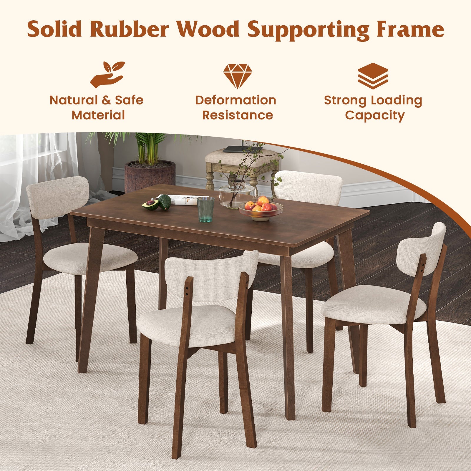 5-Piece Dining Table Set for 4 with Rubber Wood Frame and Padded Set-Brown, showcasing solid rubber wood frame and padded seats.